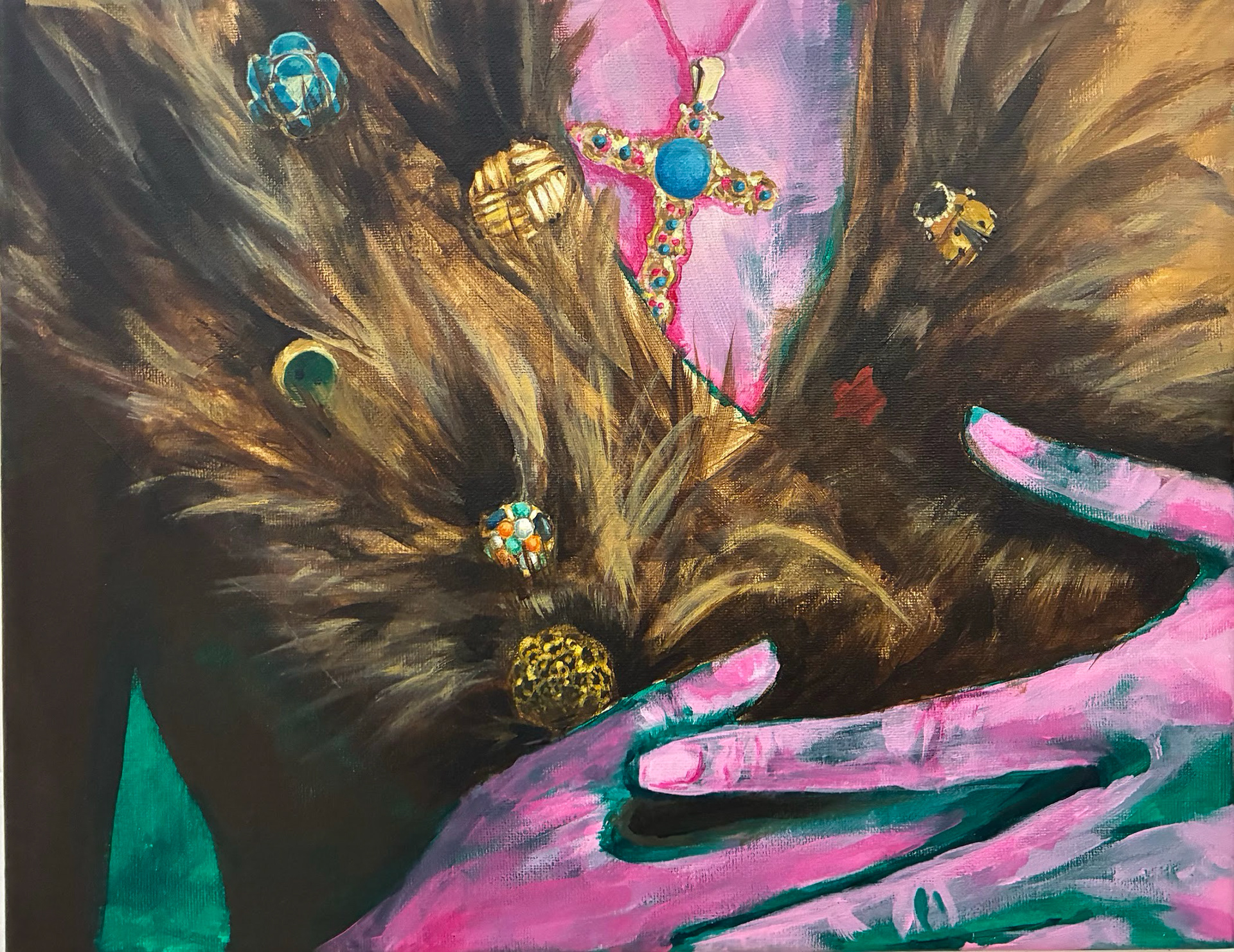 Raccoon Lapel, 2024. Acrylic on Canvas. 9x12.