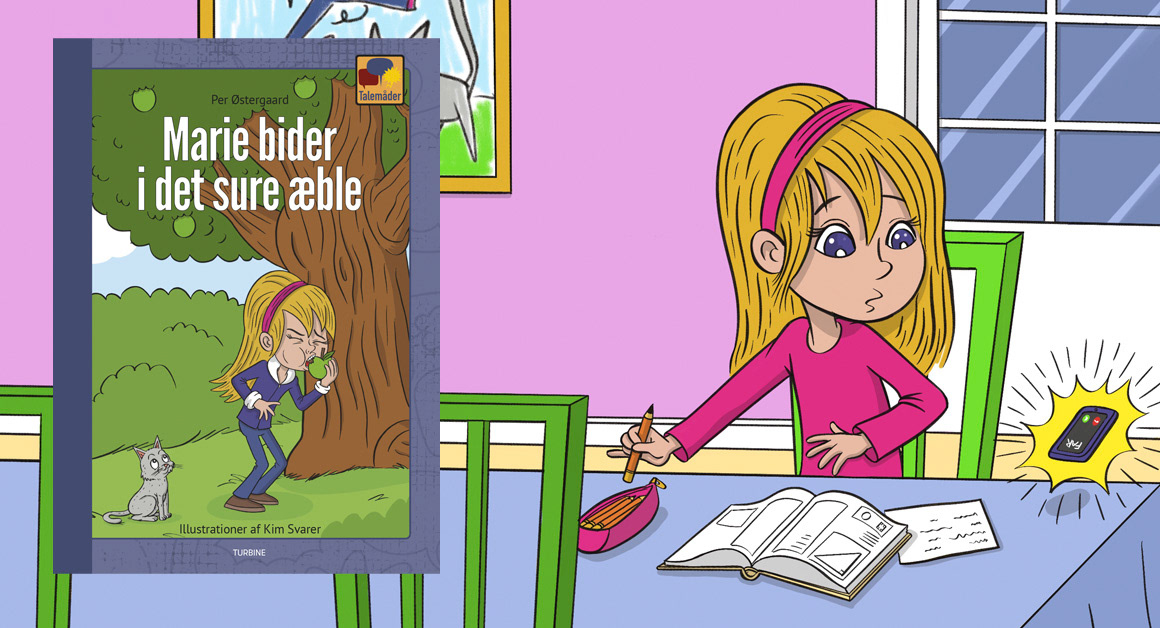 Bogforside: Marie bider i det sure æble. Illustration Kim Svarer.