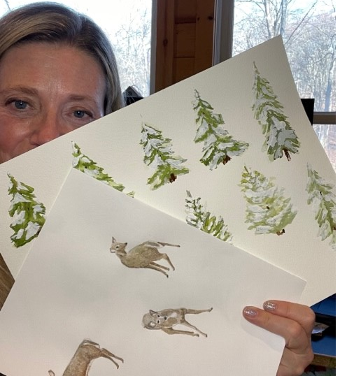Jen Rubin - Watercolor sketching for Winter Scenes with Deers and Snowy Pine Trees