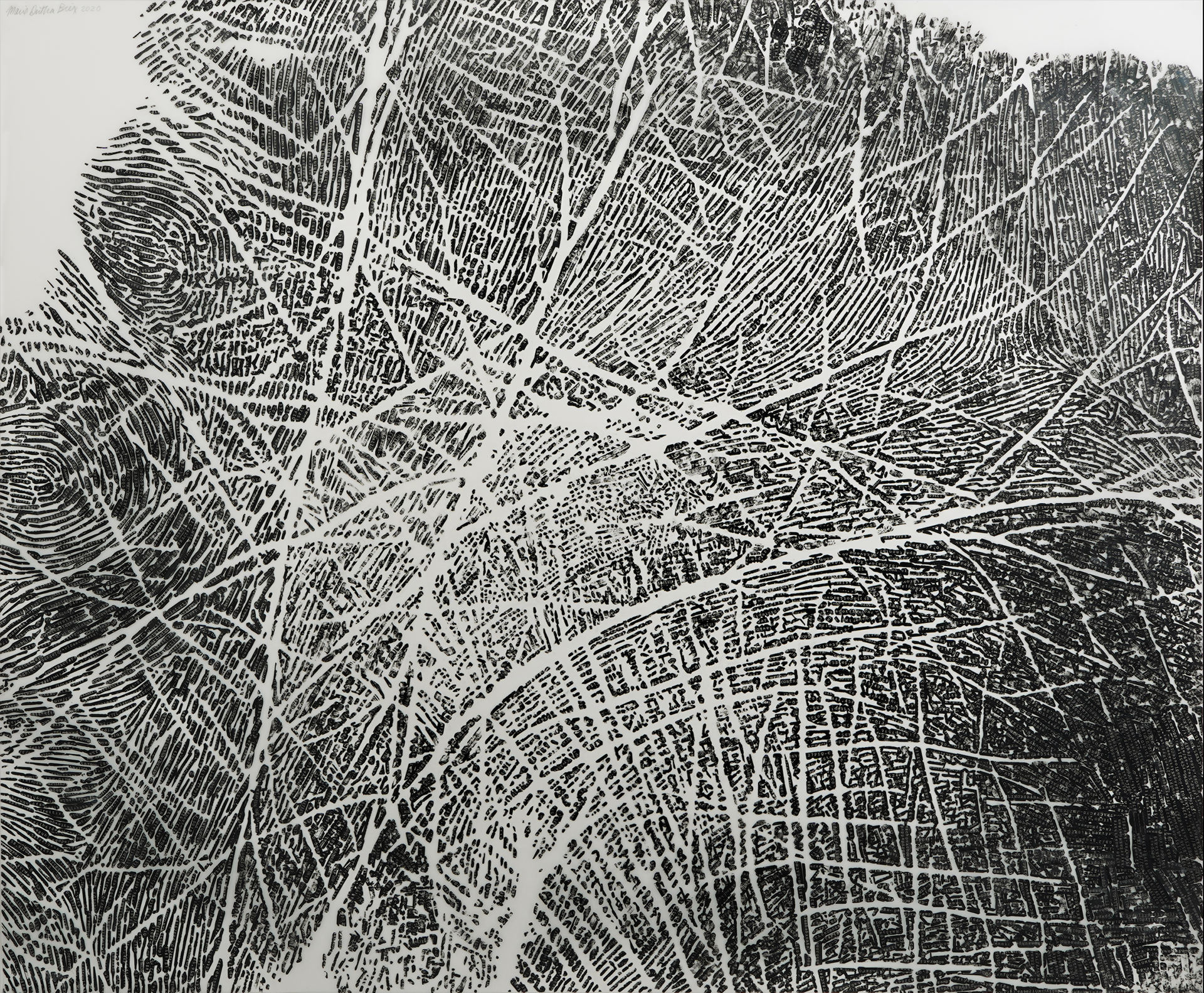 ~Palm Stories~used typewriter ribbon on drafting film, 38" x 46" © Marie Dutka Brix