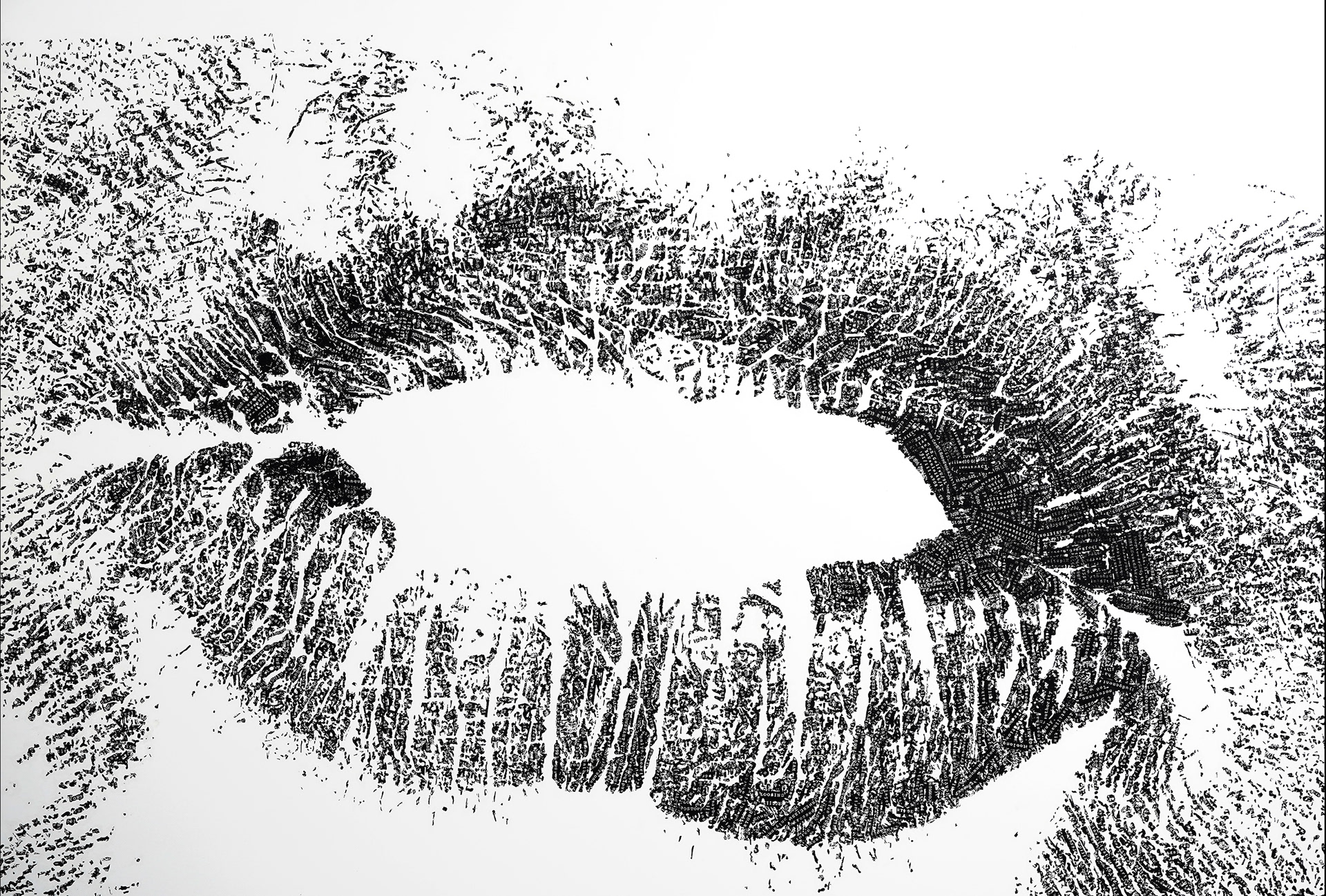 ~Fine Lines~ used typewriter ribbon on panel, 36" x 48", 2024