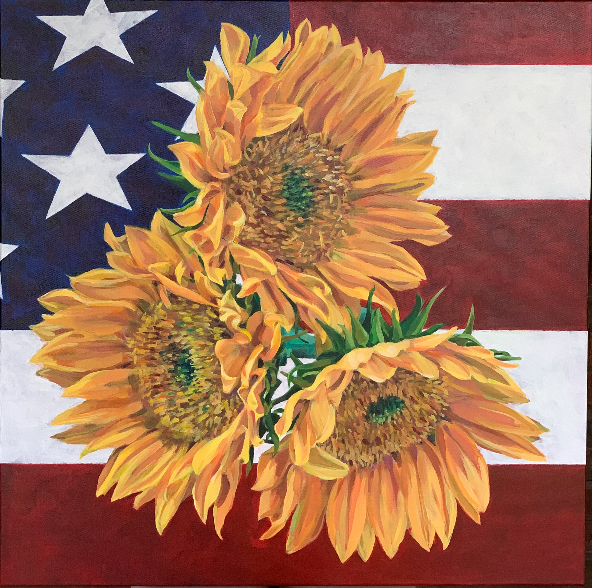 ~Three Sunflowers over Flag of the United States~ acrylic on canvas, 24" x 24", 2022 © Marie Dutka Brix
