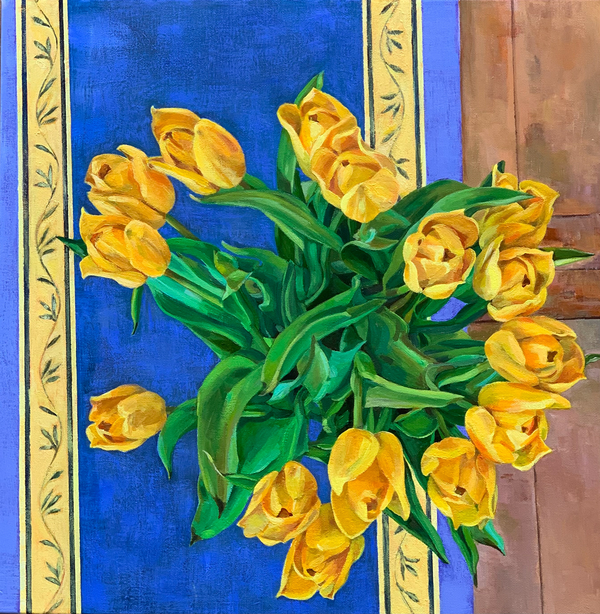 ~Fifteen Yellow Tulips over a French Table Runner~ acrylic on canvas, 22" x 22", 2021 © Marie Dutka Brix