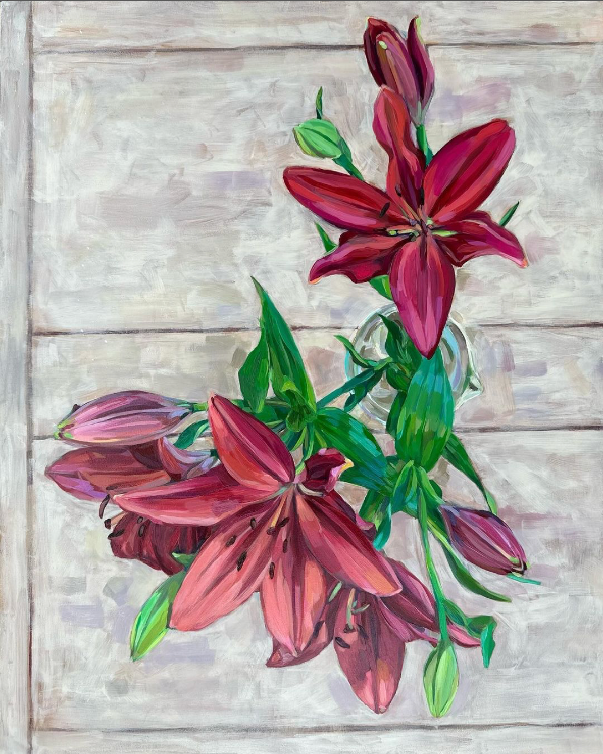 ~Crimson Tiger Lillies over Table~ acrylic on panel, 20" x 16", 2024 © Marie Dutka Brix
