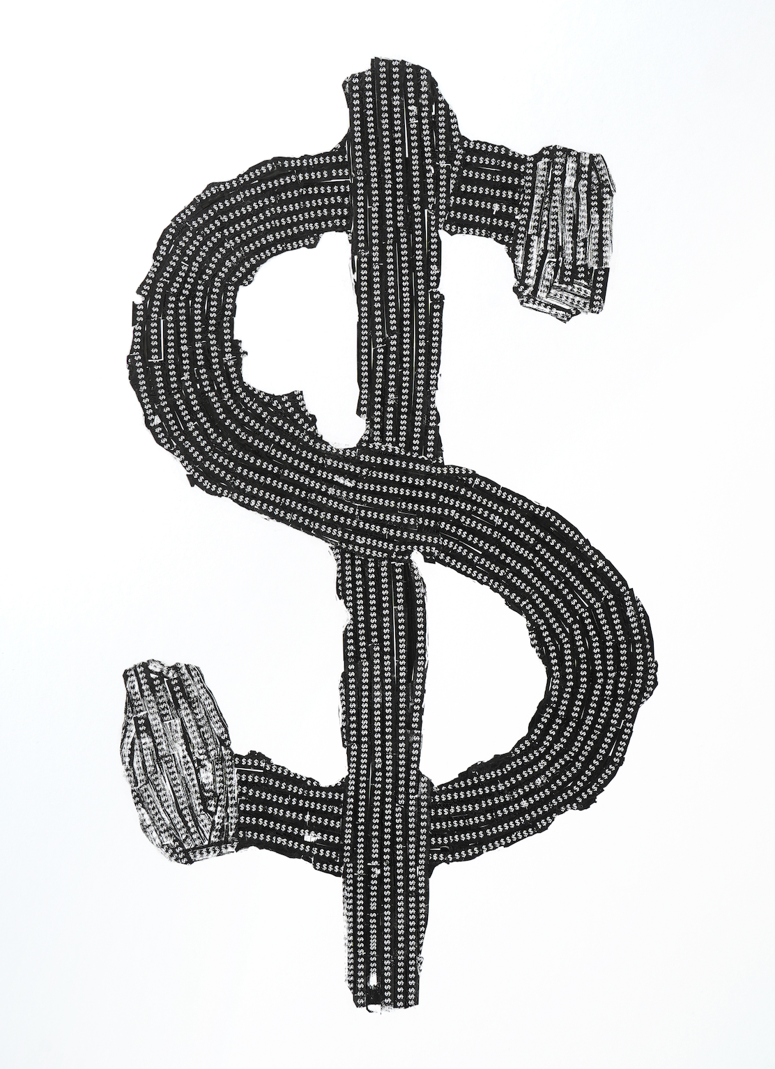 ~Dollar Sign~ used typewriter ribbon on illustration board, 17" x 11" © Marie Dutka Brix