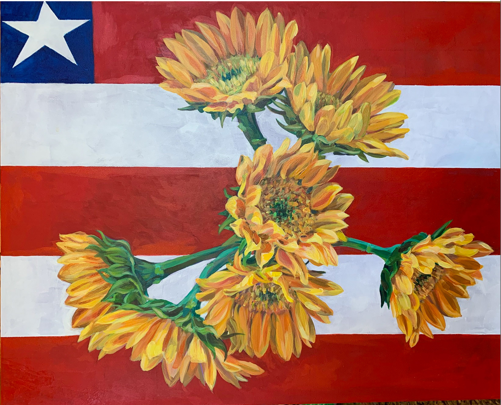 ~Seven Sunflowers over American Flag~ acrylic on panel, 20" x 16", 2021 © Marie Dutka Brix