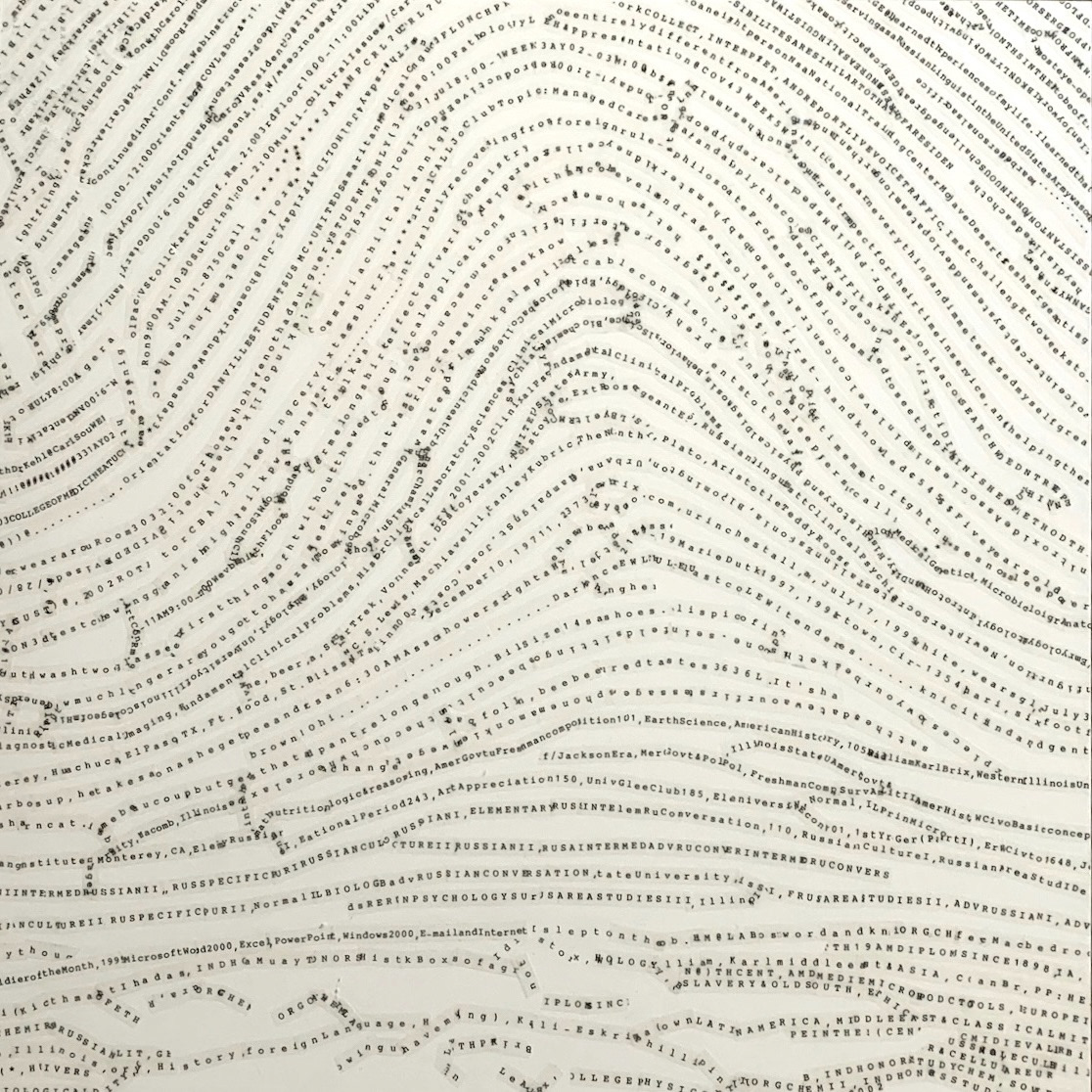 ~Obsession 101~ used typewriter correction ribbon on panel, 18" x 18" © Marie Dutka Brix