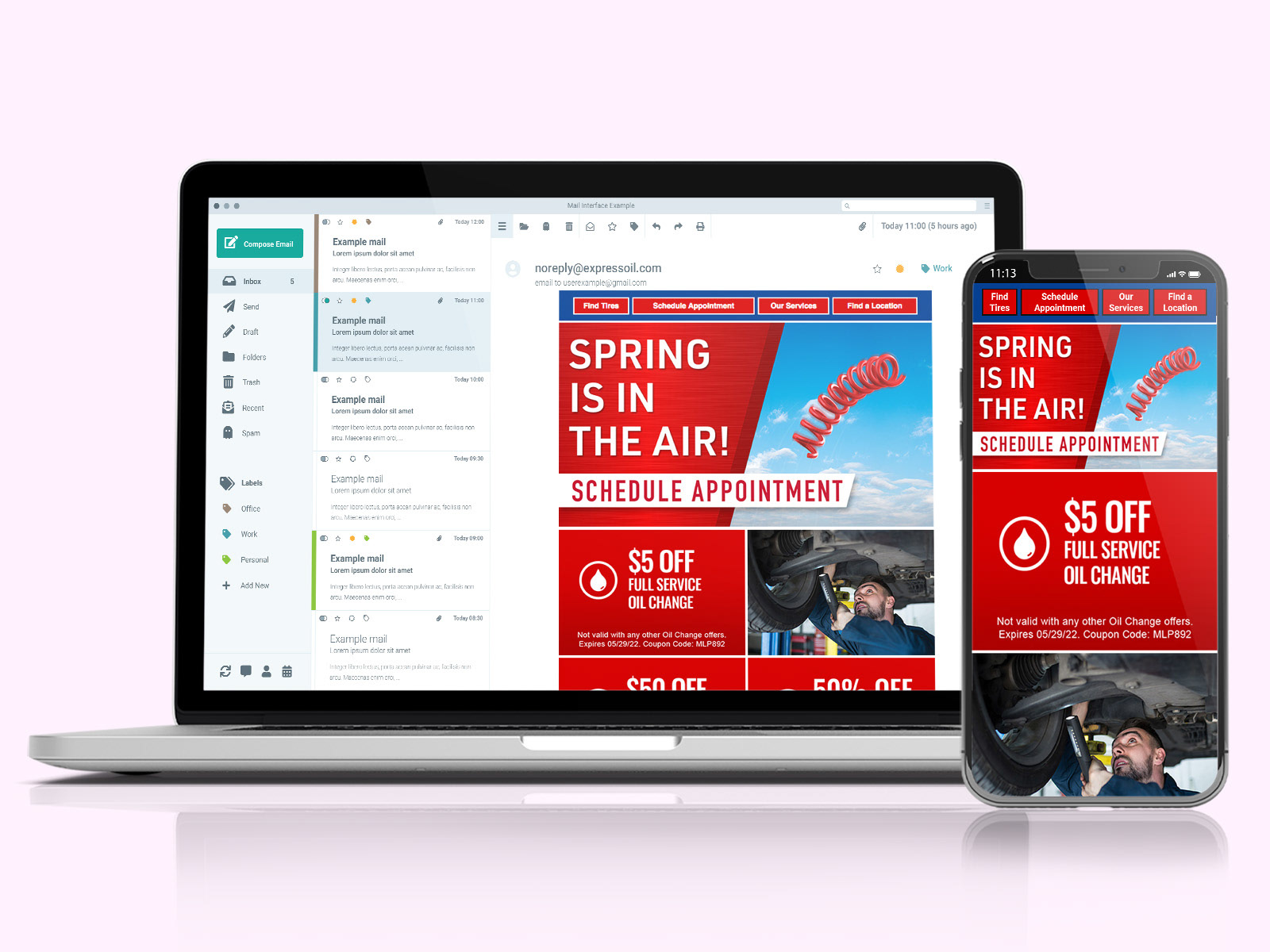 Example of a Express Oil Change email displayed on a laptop and cell phone devices. The email displays the text "Spring into Air" and several coupons directly underneath it.