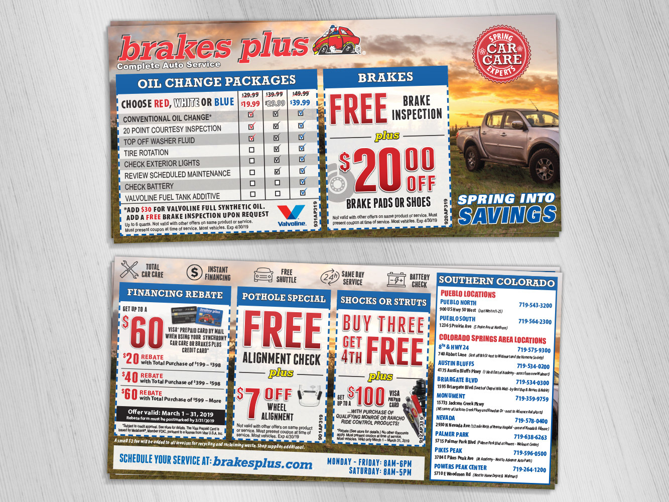 Double-sided example of an ADVO shared mailer for Brakes Plus. Features the text "Spring Into Savings" along with several coupons for services.