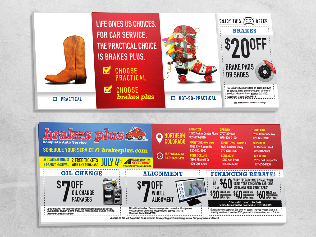 Double-sided example of a Valpak shared mail advertisement for Brakes Plus. Features 4 coupons for discounts on service.
