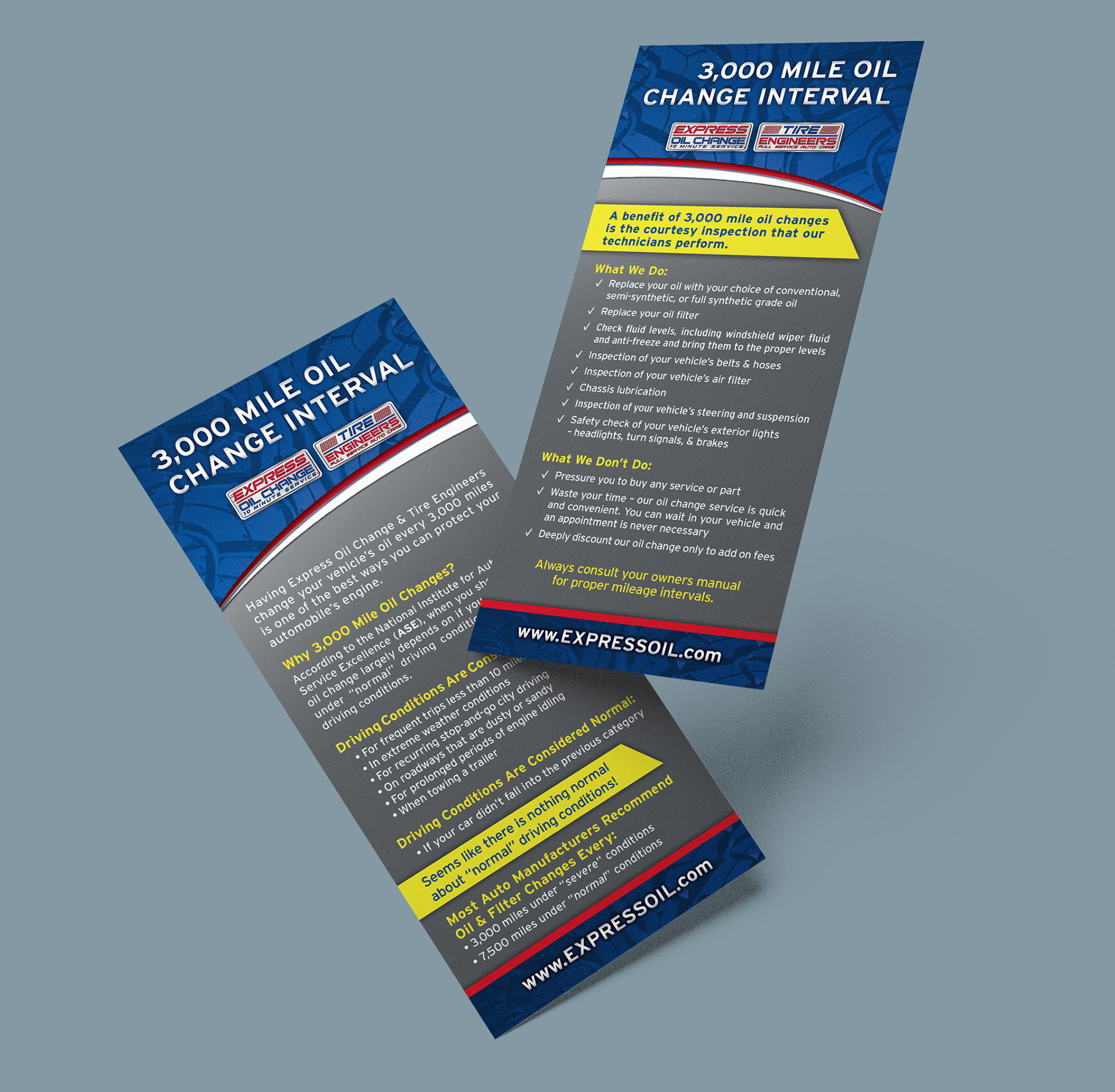 Two sided handout with Express Oil Change branding. Printed on both sides is the text "3,000 mile oil change interval" along with a paragraph of text explaining the benefits of a 3,000 mile oil change.