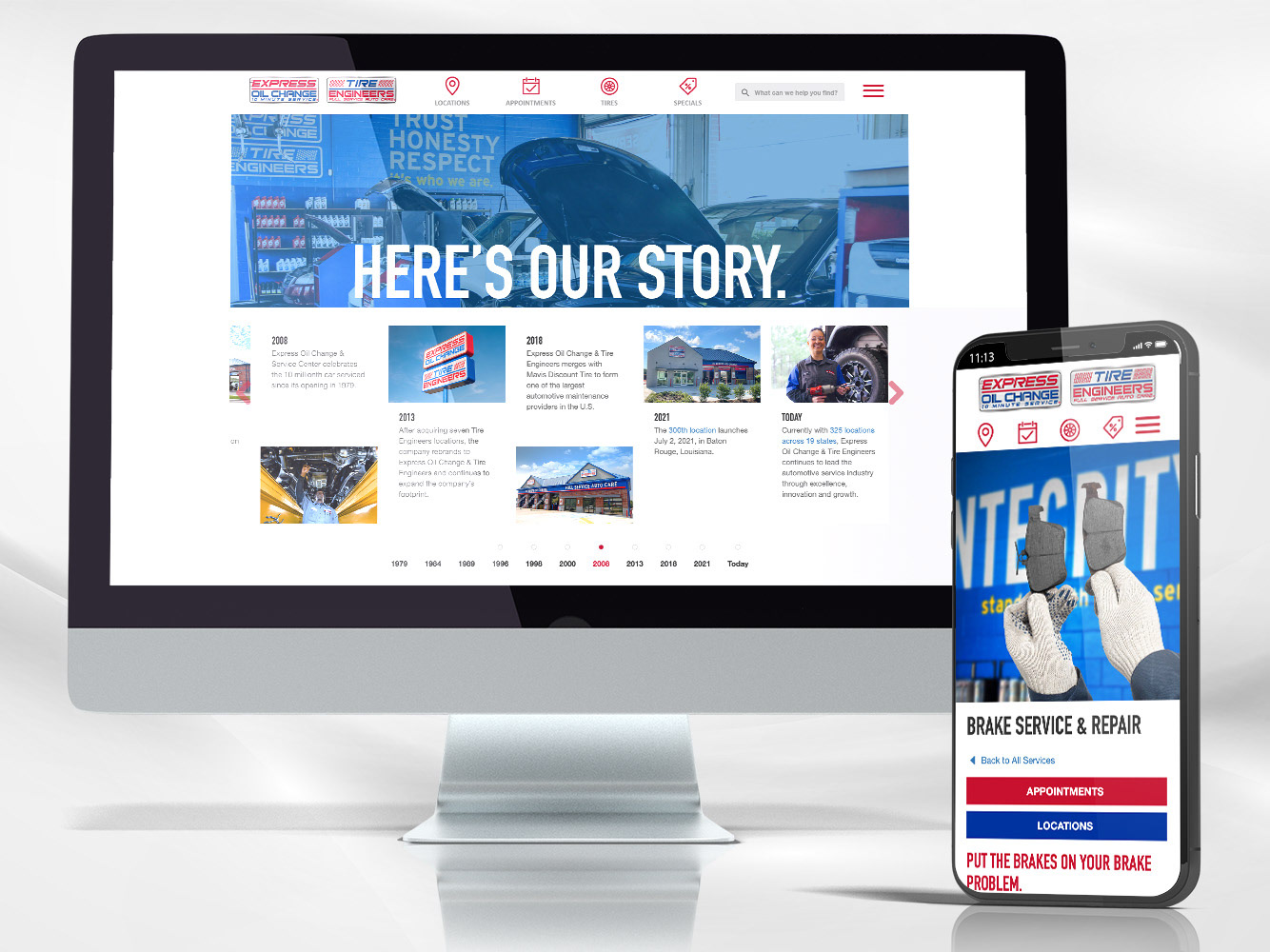 Mockup of a desktop and cell phone each showing a different page on the Express Oil Change website. The desktop image shows the "About Us" page and the cell phone shows the "Brake Service & Repair" page.