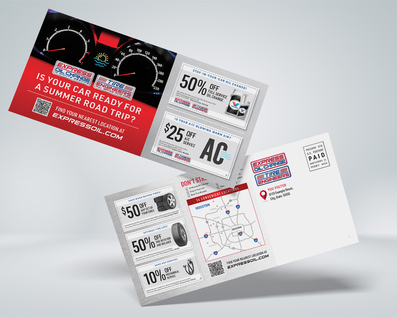 Example image of a two sided direct mail piece with the text "Is your car ready for a summer road trip?" written on the front.