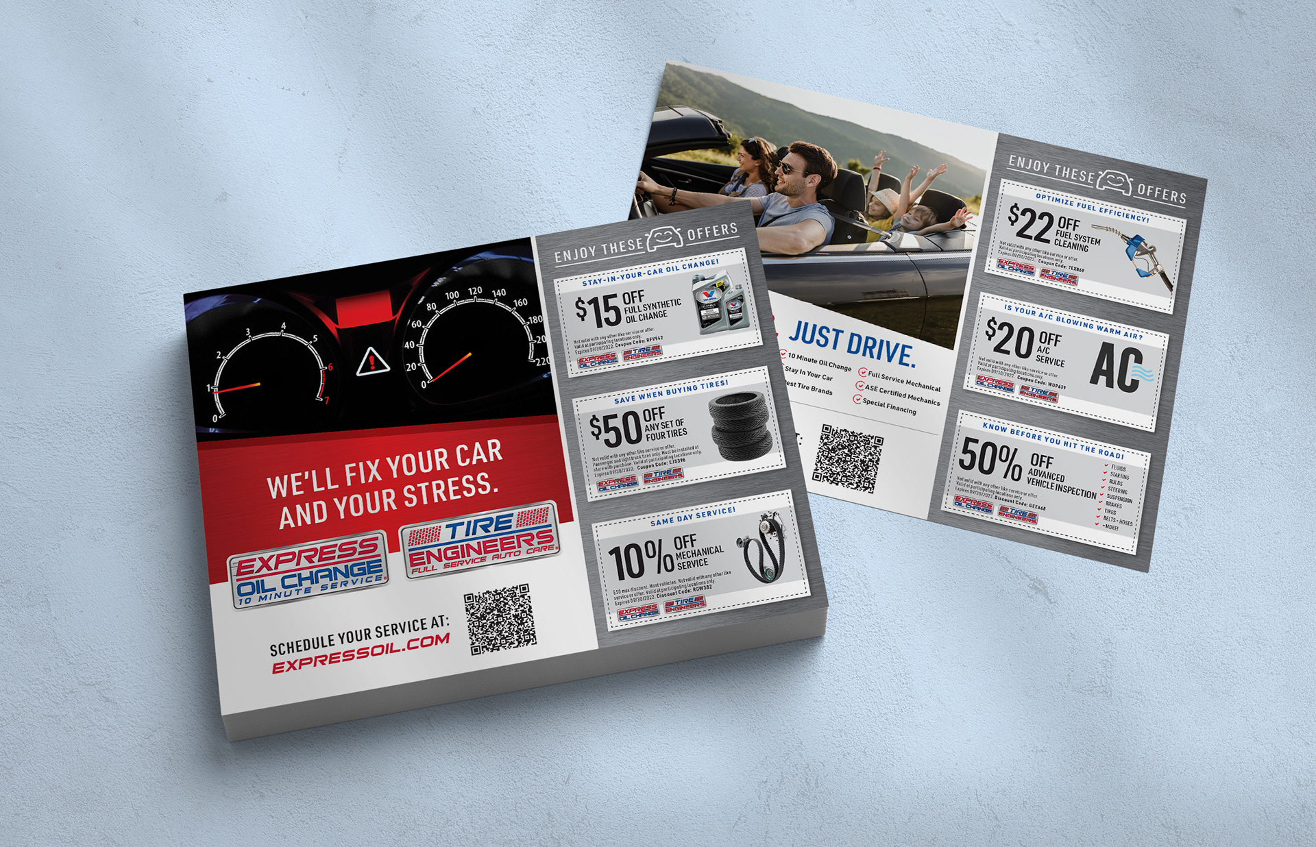 Double sided blitz flyer example for Express Oil Change featuring the text "We'll fix your car and your stress" written on the front alongside several service coupons.
