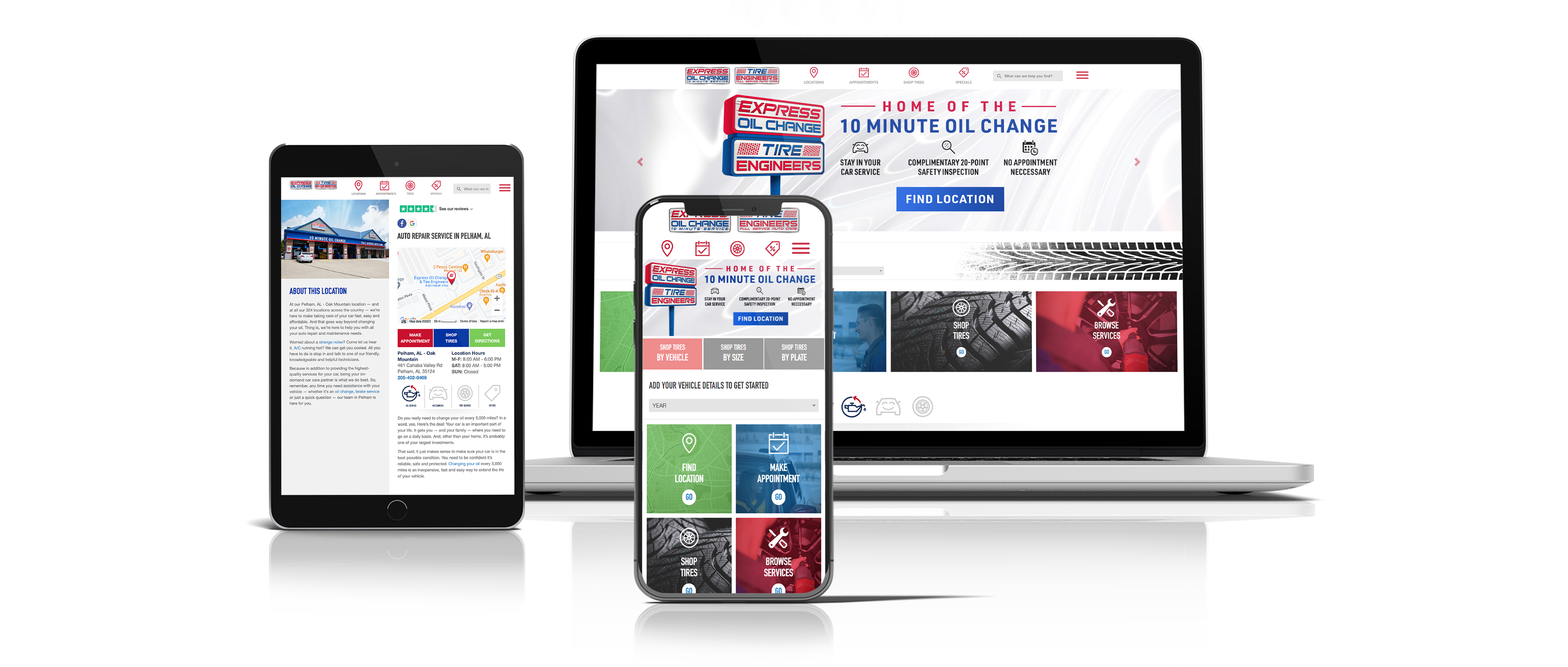 Mockup of a laptop, tablet, and cell phone all showing pages from the Express Oil Change website.