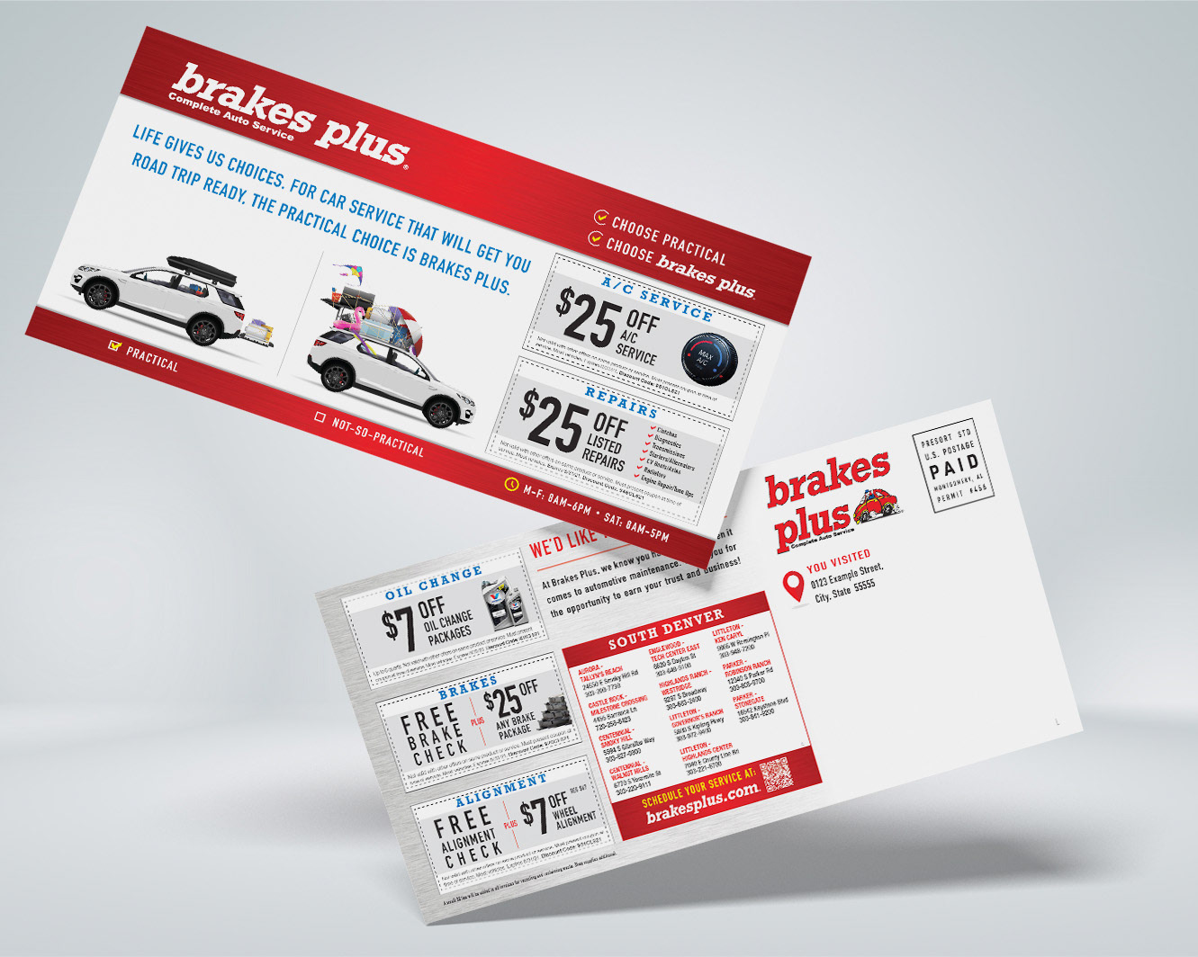 Example of a Brakes Plus direct mail piece for the 2021 "Summer Road Trip" advertising campaign.