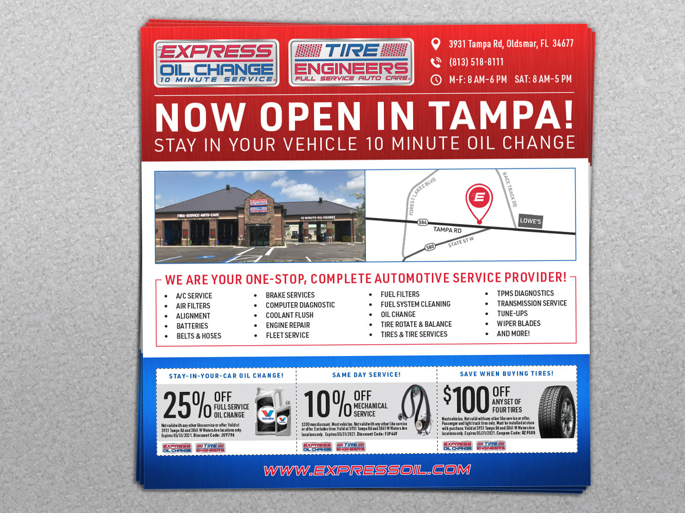 Example Clipper magazine advertisement for Express Oil Change. Features the text "Now Open in Tampa" along with 3 coupons for discounts on service.