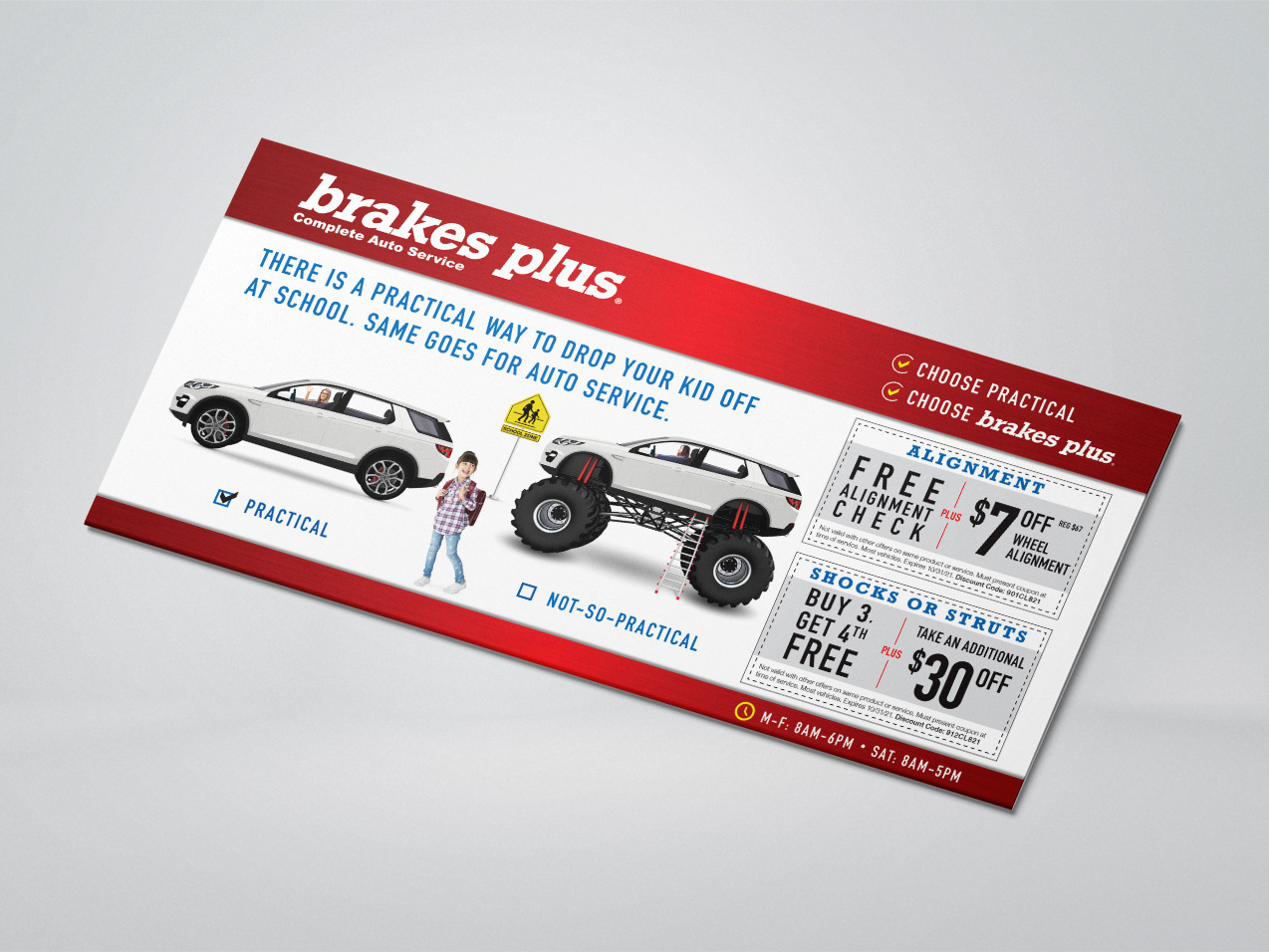 Example of a Brakes Plus direct mail piece for the 2021 "Back to School" advertising campaign.
