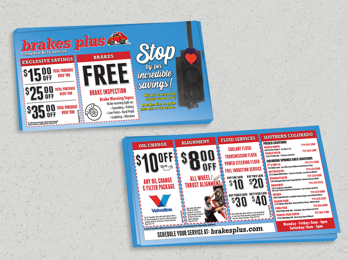 Double-sided example of a ADVO postcard mailer for Brakes Plus. Features the text "Stop by for incredible savings" alongside 5 coupons for service discounts.