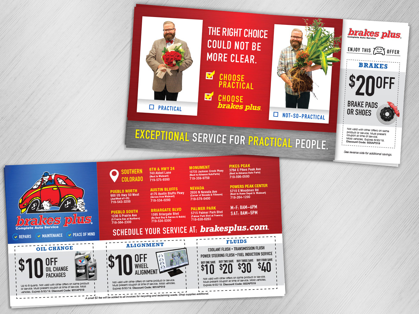 Double-sided example of a ADVO postcard mailer for Brakes Plus. Features four coupons for discounts on service and the text "Exception service for practical people."