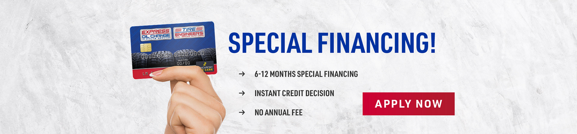 Website banner for Express Oil Change showing a hand holding a credit card and the text "Special Financing!"