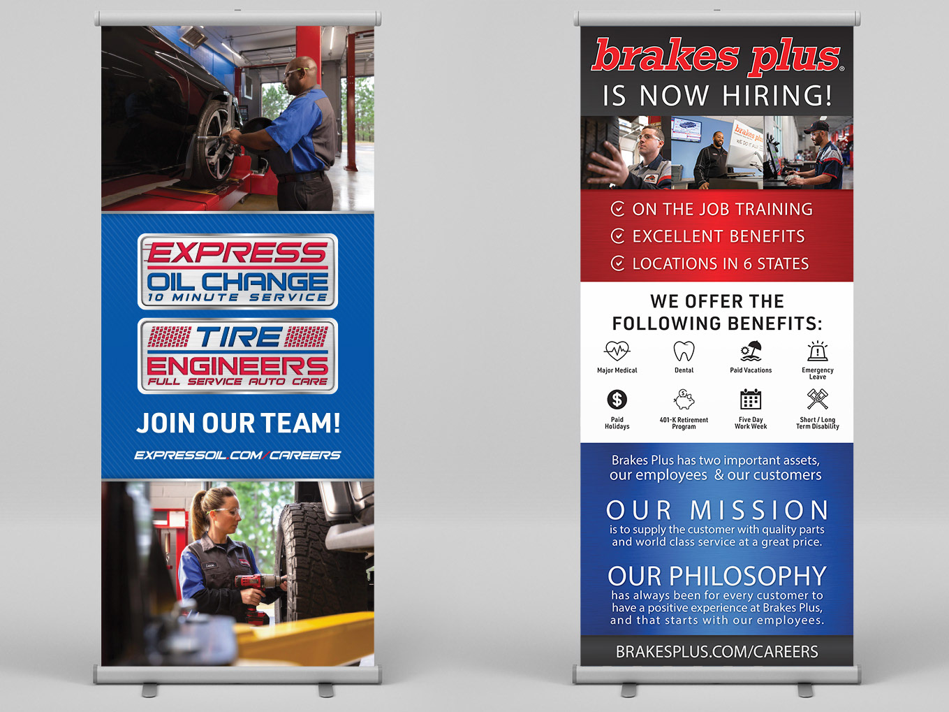 Two recruiting banner examples for Express Oil Change and Brakes Plus. Each banner includes images of stores employees, brand logo, and the text "Join our team!"
