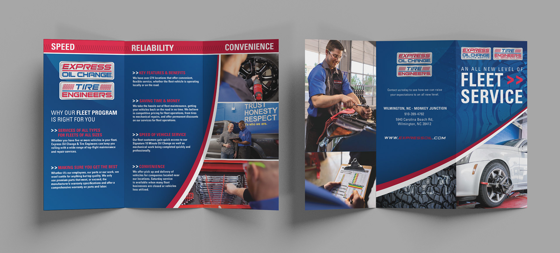 Tri-fold handout for Express Oil Change advertising the benefits of the fleet account program.