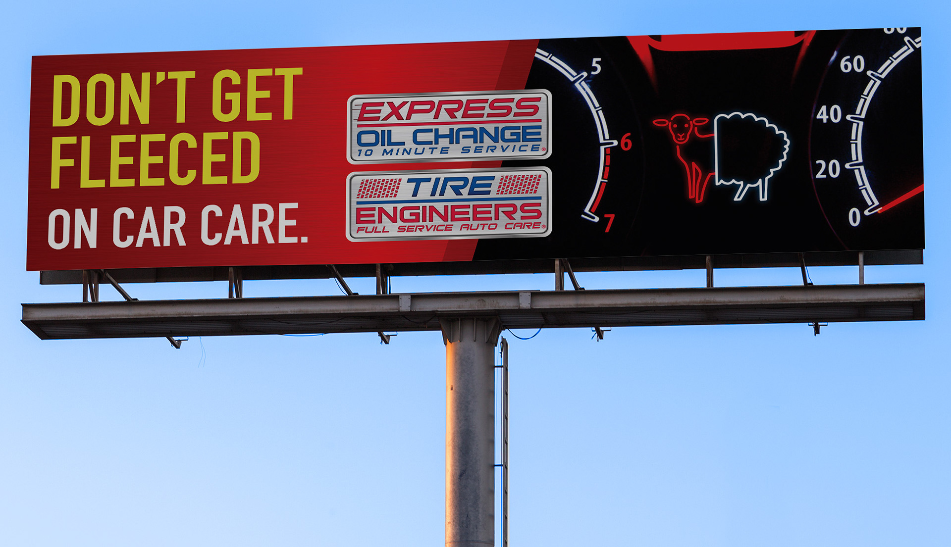 Example billboard for Express Oil Change with the text "Don't Get Fleeced on car care" alongside an icon of a half-shaven sheep.