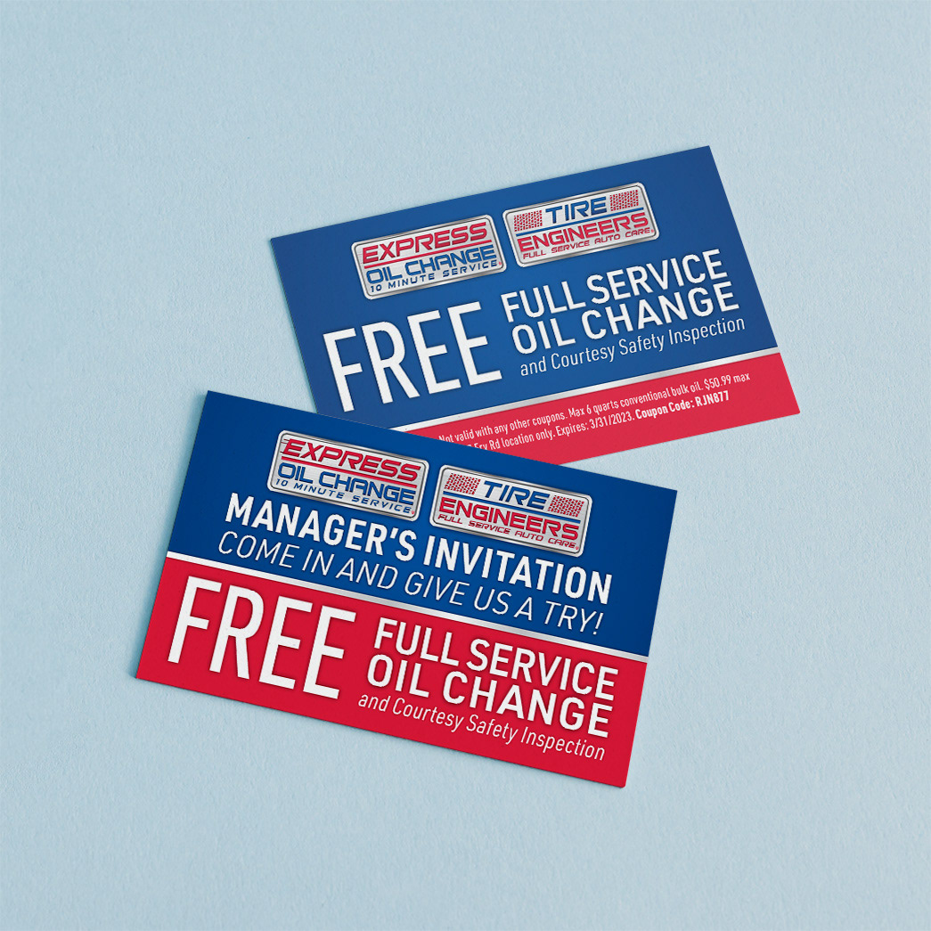 Red and blue Express Oil Change business card with the text "Manager's Invitation Come In and Give Us a Try" and "Free Oil Change"