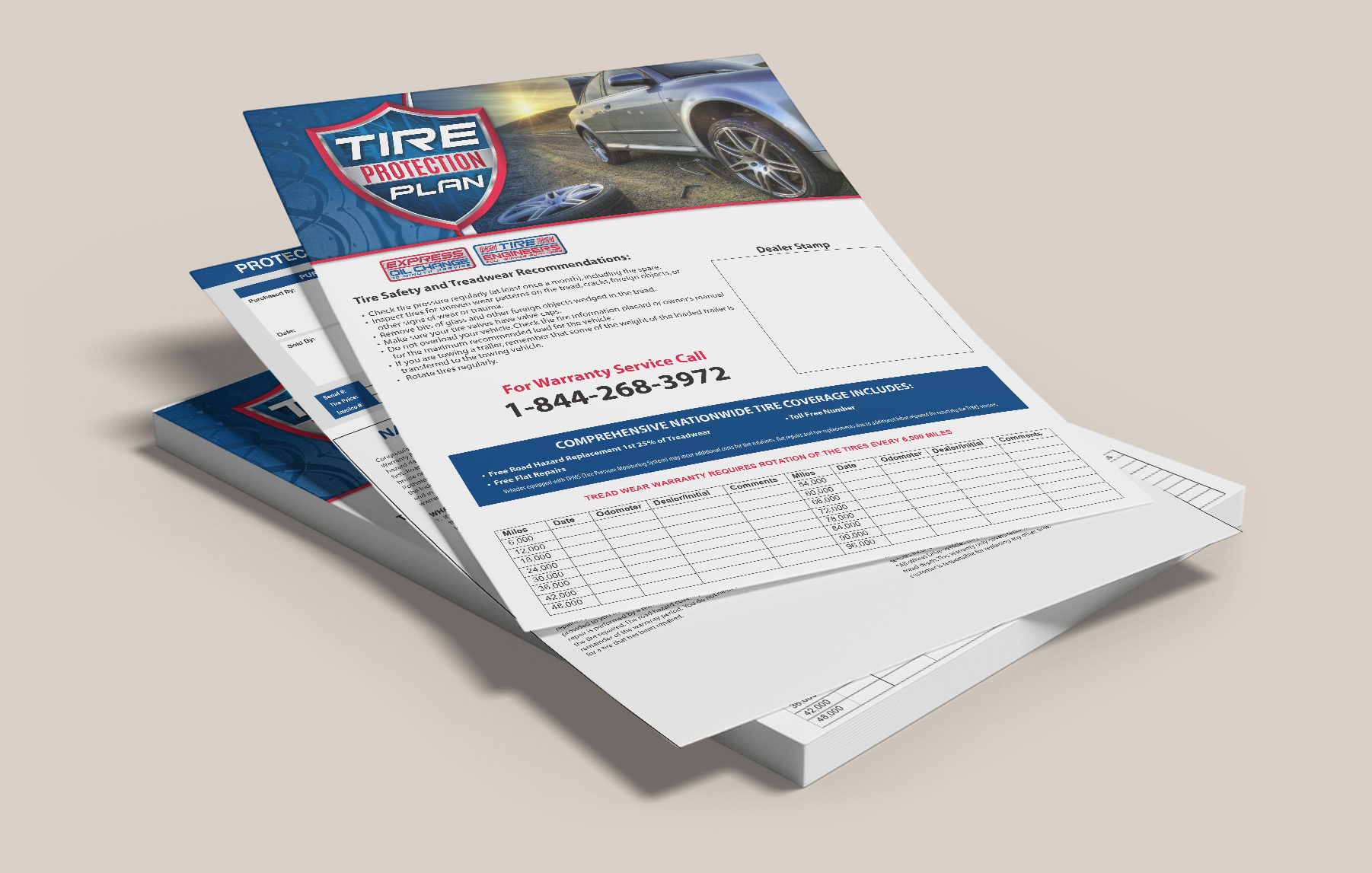 Example image of a stack of flyers for Express Oil Change that features the text "Tire Protection Plan" on the front.