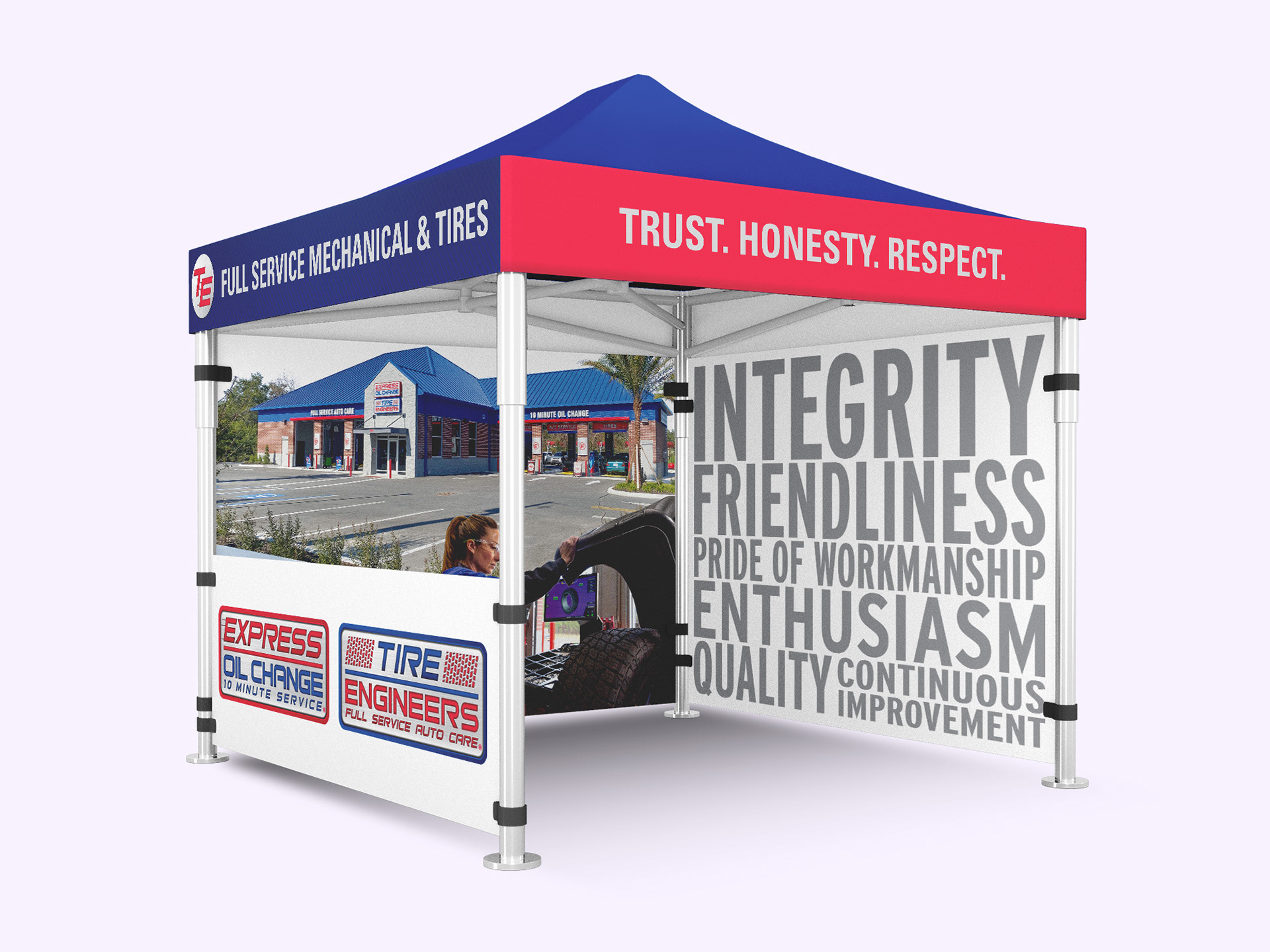 Example of an Express Oil Change branded pop up tent. Features the text "trust honesty respect" written on a red and blue background.