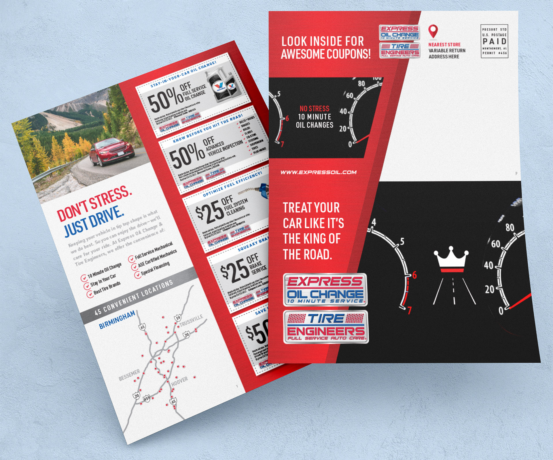 Folded self mailer for Express Oil Change with the text "Treat Your Car like it's the King of the Road" written on front.