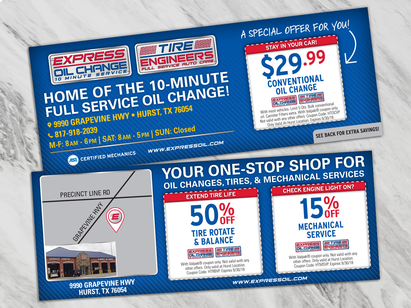 Example of a Valpak shared mail piece for Express Oil Change. A double-sided blue coupon that features 3 coupons for discounts on services. Includes, in large text, "Home of the 10-minute full service oil change."