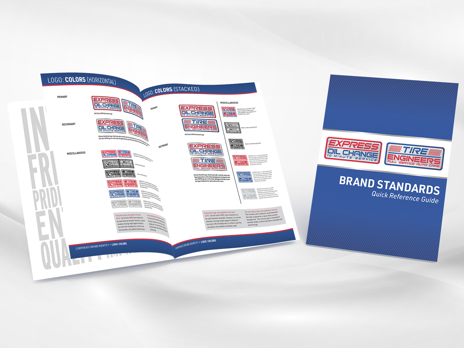 Folding brochure for Express Oil Change. Features the text "Brand Standards" alongside many different examples of the Express Oil Change logo.