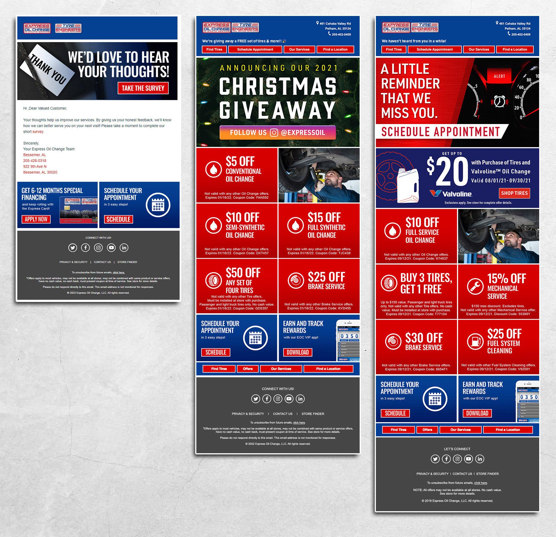 Three examples of different Express Oil Change email campaigns.