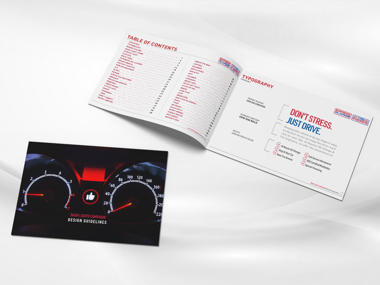 Folded paper brochure shown spread open with the text "Dash Lights Campaign Design Guidelines" written on the front