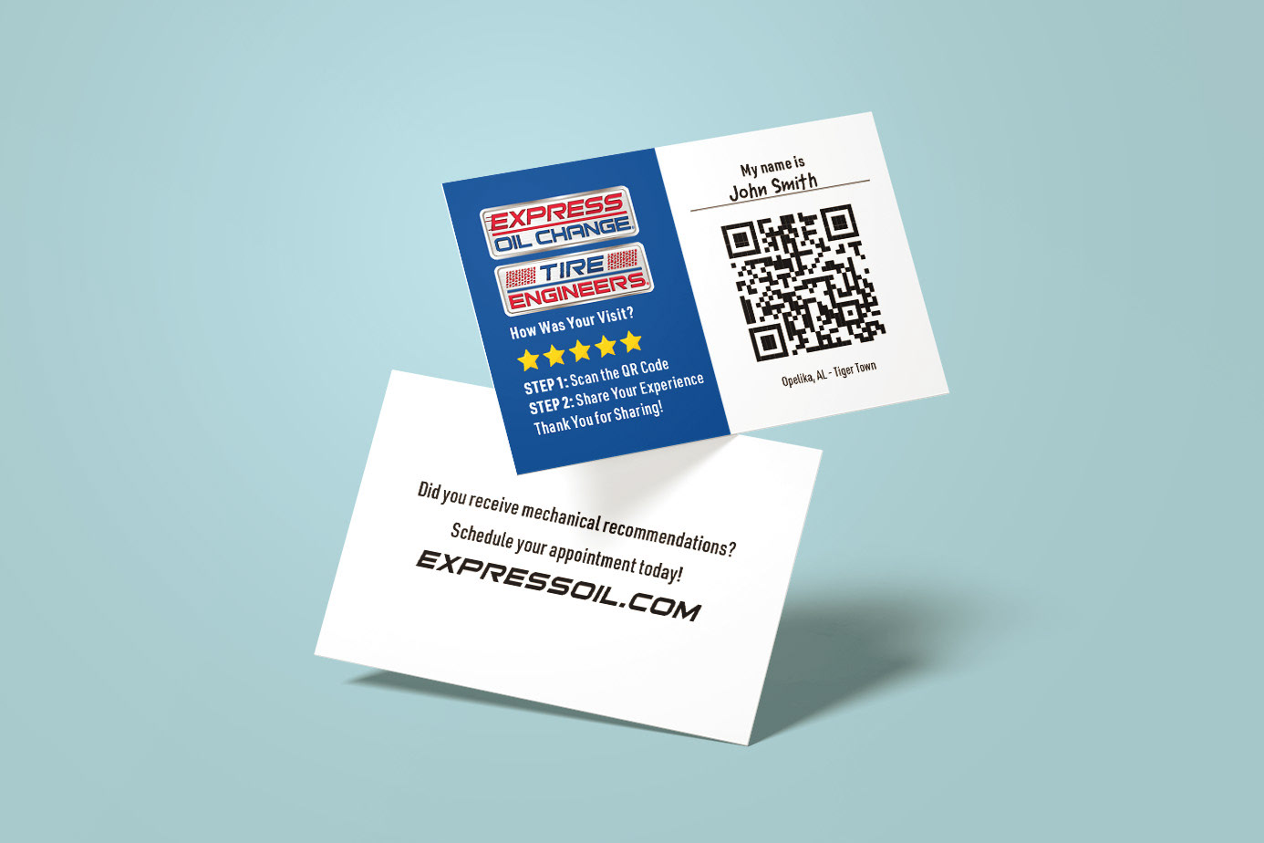 Business card for Express Oil Change that's intended to solicit customer reviews. Feature's the text "How was your visit" along side an image of a QR code.