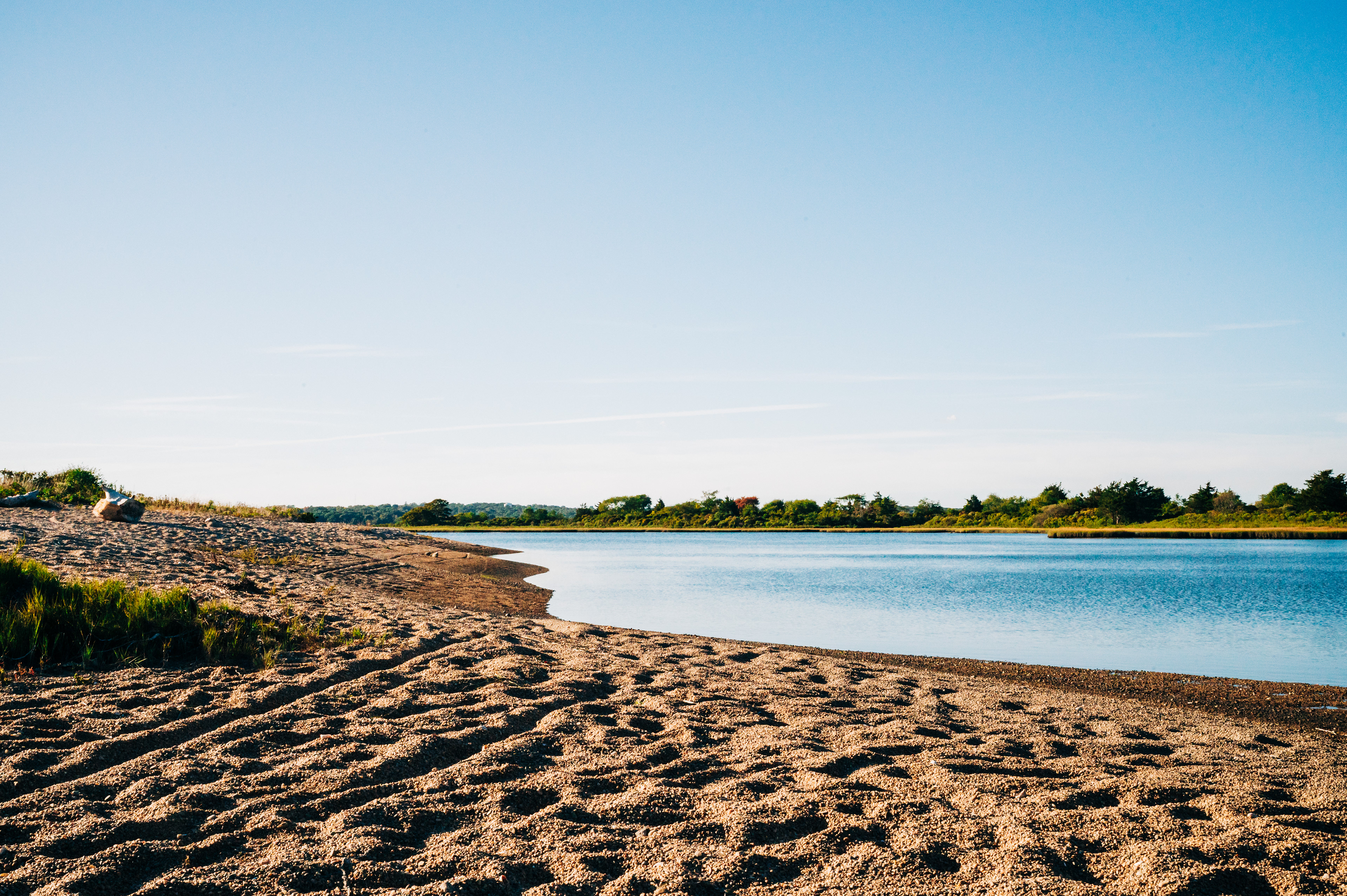   A sandy riverbank curves along a calm blue river under a clear sky. 