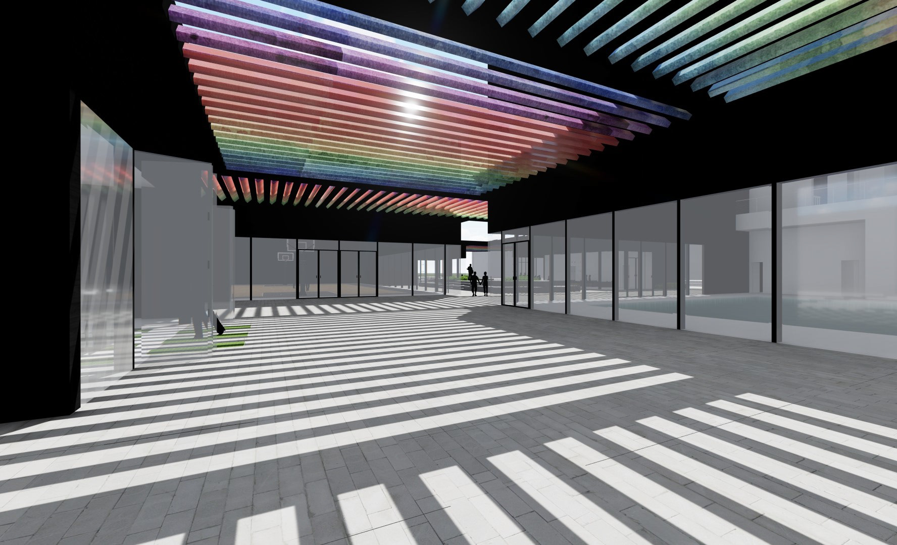 back view towards courtyard of pool and yoga studio