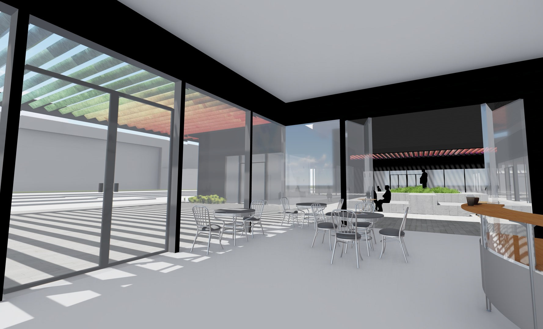 interior of cafe overlooking courtyard