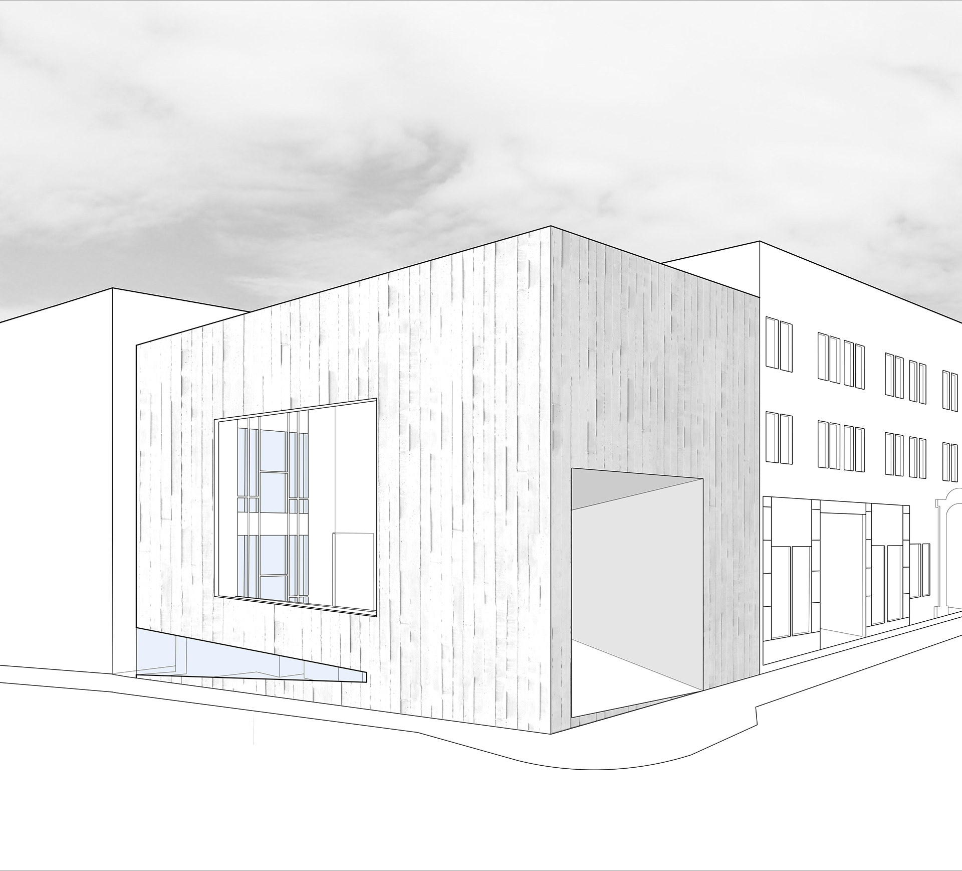 exterior perspective from corner of center street and college