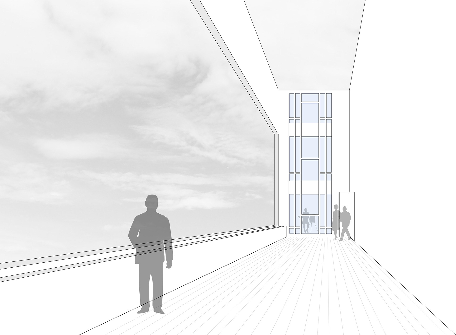 interior perspective looking at the 3 stacked artist spaces