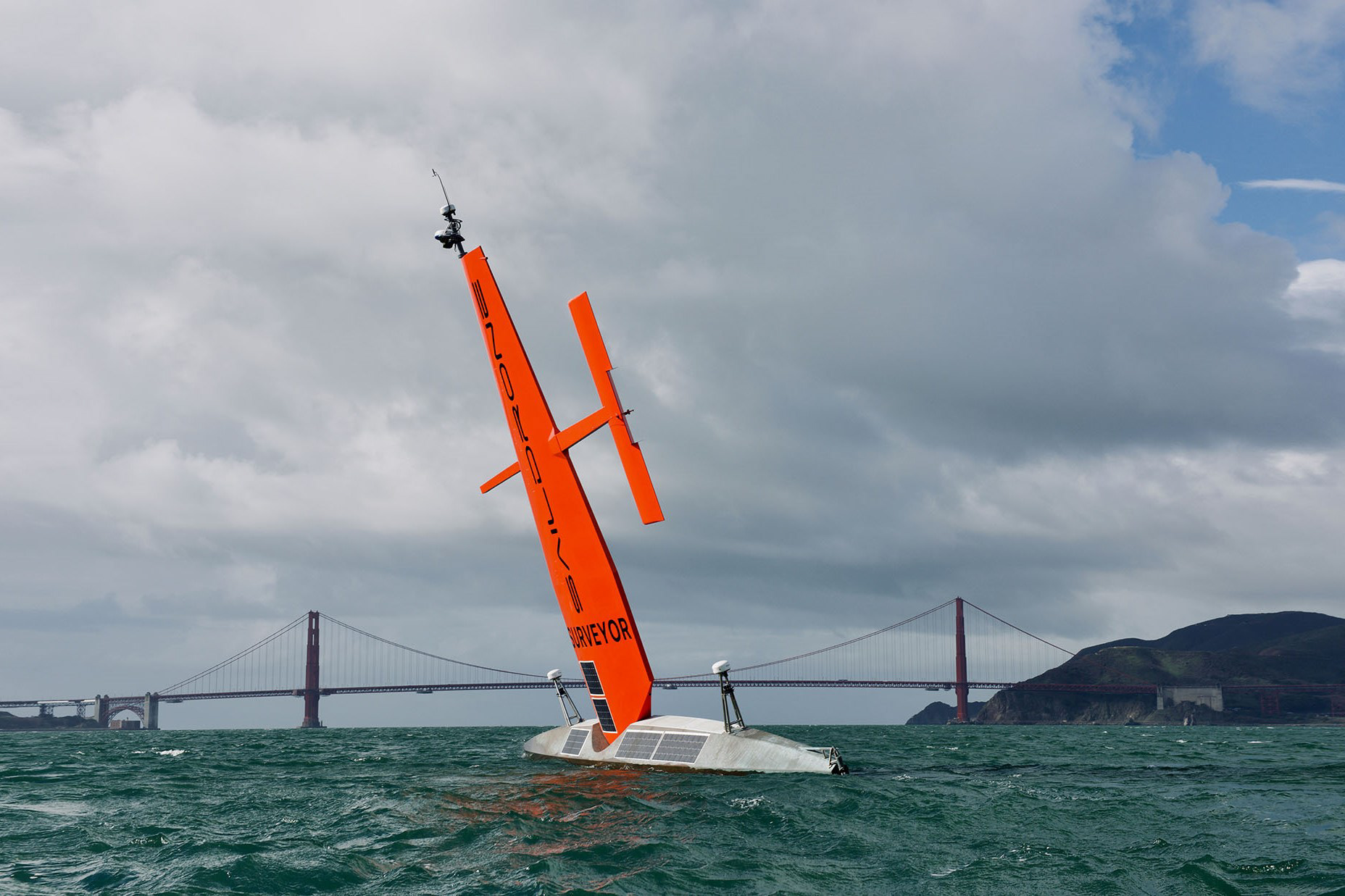 Saildrone Surveyor. I designed and built the navigation systems on the bow, stern, and wingtip.