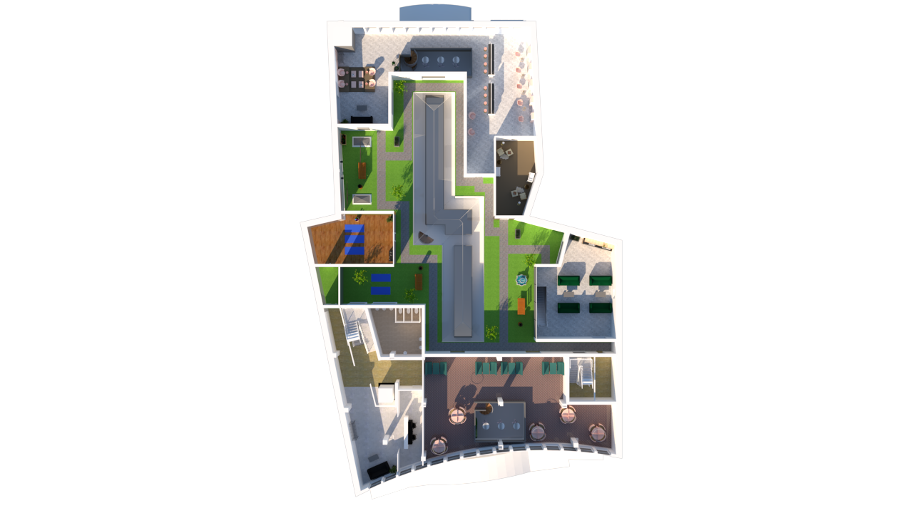 2nd Floor, with Beauty Salon, Gym, Reception, Collaboration Space and Lounge