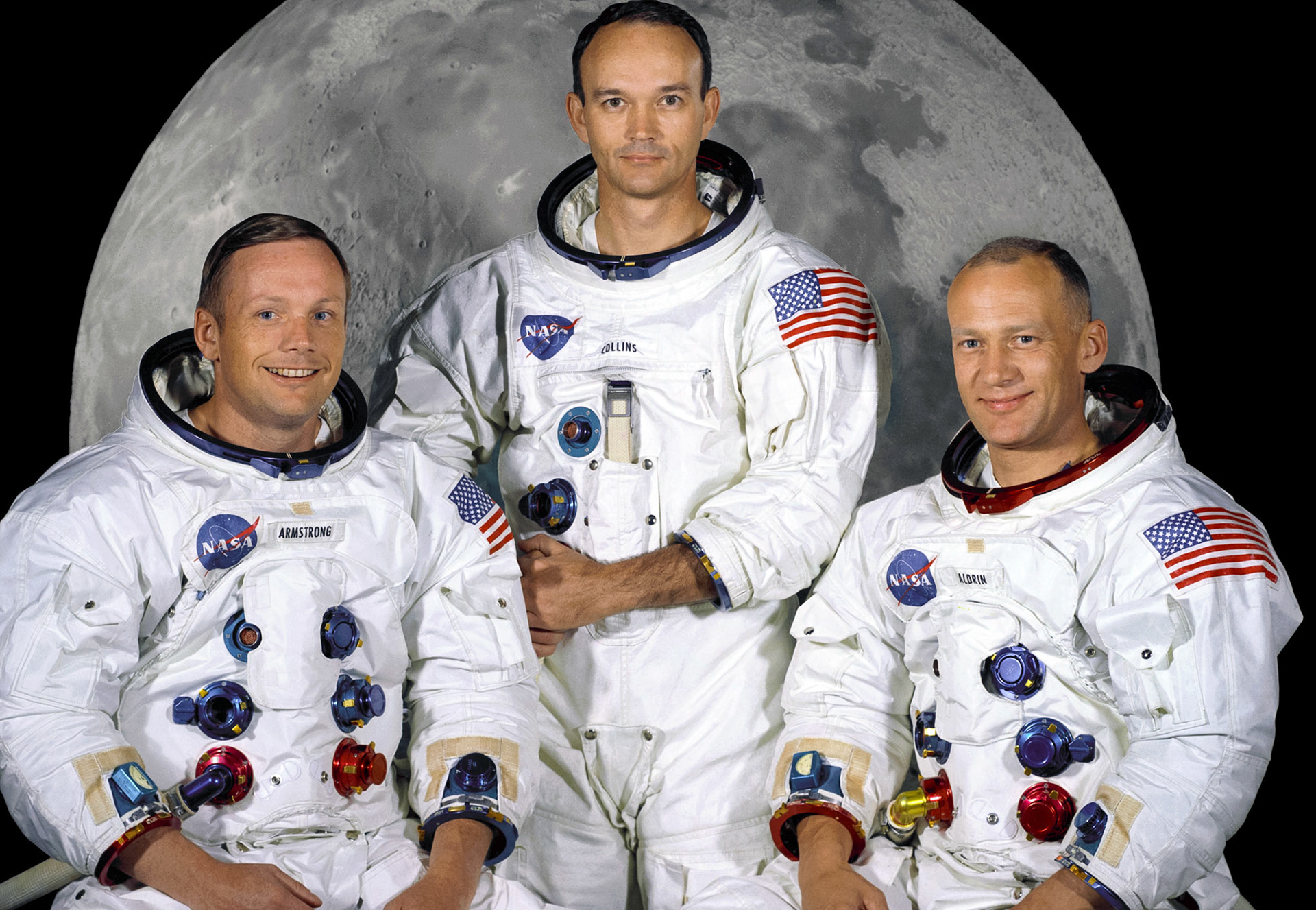 Portrait of the prime crew of the Apollo 11 lunar landing mission. From left to right they are: Commander, Neil A. Armstrong, Command Module Pilot, Michael Collins, and Lunar Module Pilot, Edwin E. Aldrin Jr. On July 20th 1969 at 4:18 PM, EDT the Lunar Module "Eagle" landed in a region of the Moon called the Mare Tranquillitatis, also known as the Sea of Tranquillity. After securing his spacecraft, Armstrong radioed back to earth: "Houston, Tranquility Base here, the Eagle has landed". At 10:56 p.m. that same evening and witnessed by a worldwide television audience, Neil Armstrong stepped off the "Eagle's landing pad onto the lunar surface and said: "That's one small step for a man, one giant leap for mankind." He became the first human to set foot upon the Moon.