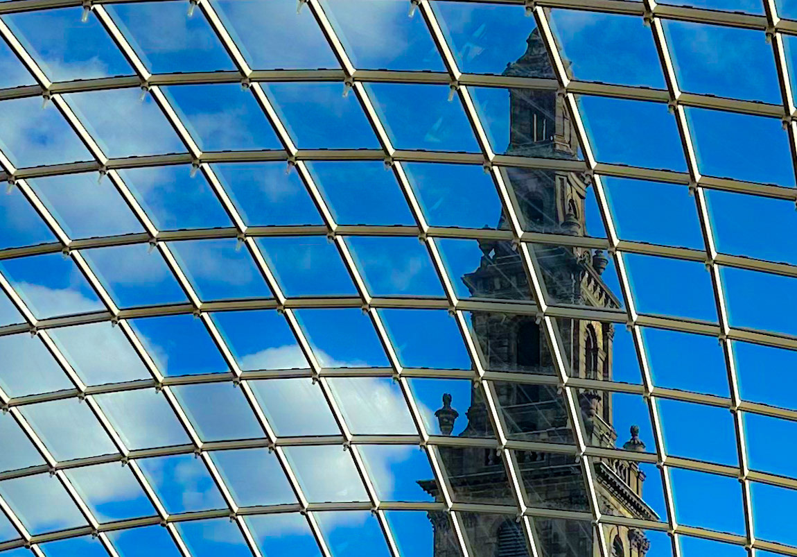 153. The historic  Holy Trinity Church in Leeds, viewed through the modern glass roof of the Trinity Centre.