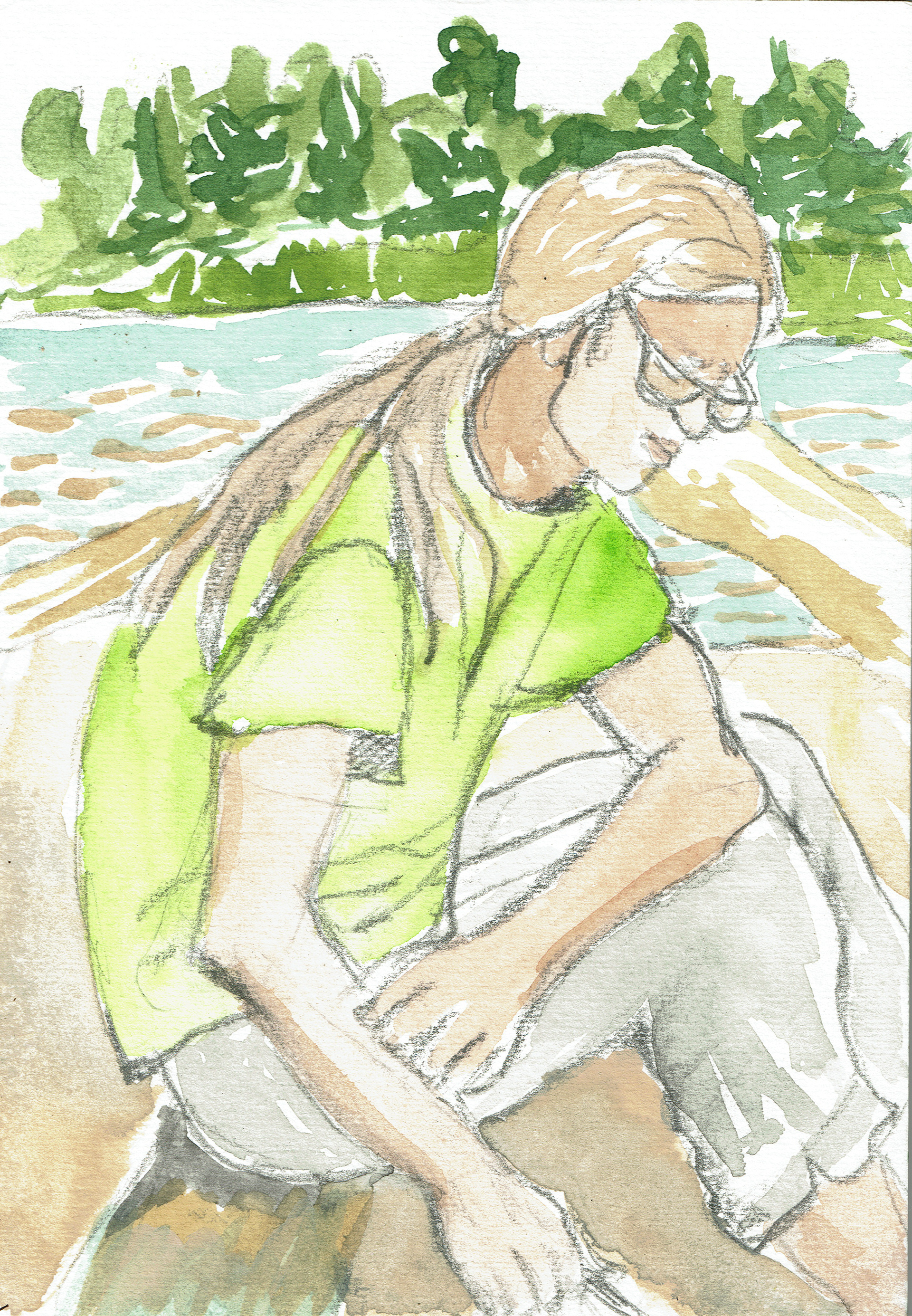 Plein air sketch/watercolor of my son, Clayton, at Lake Superior