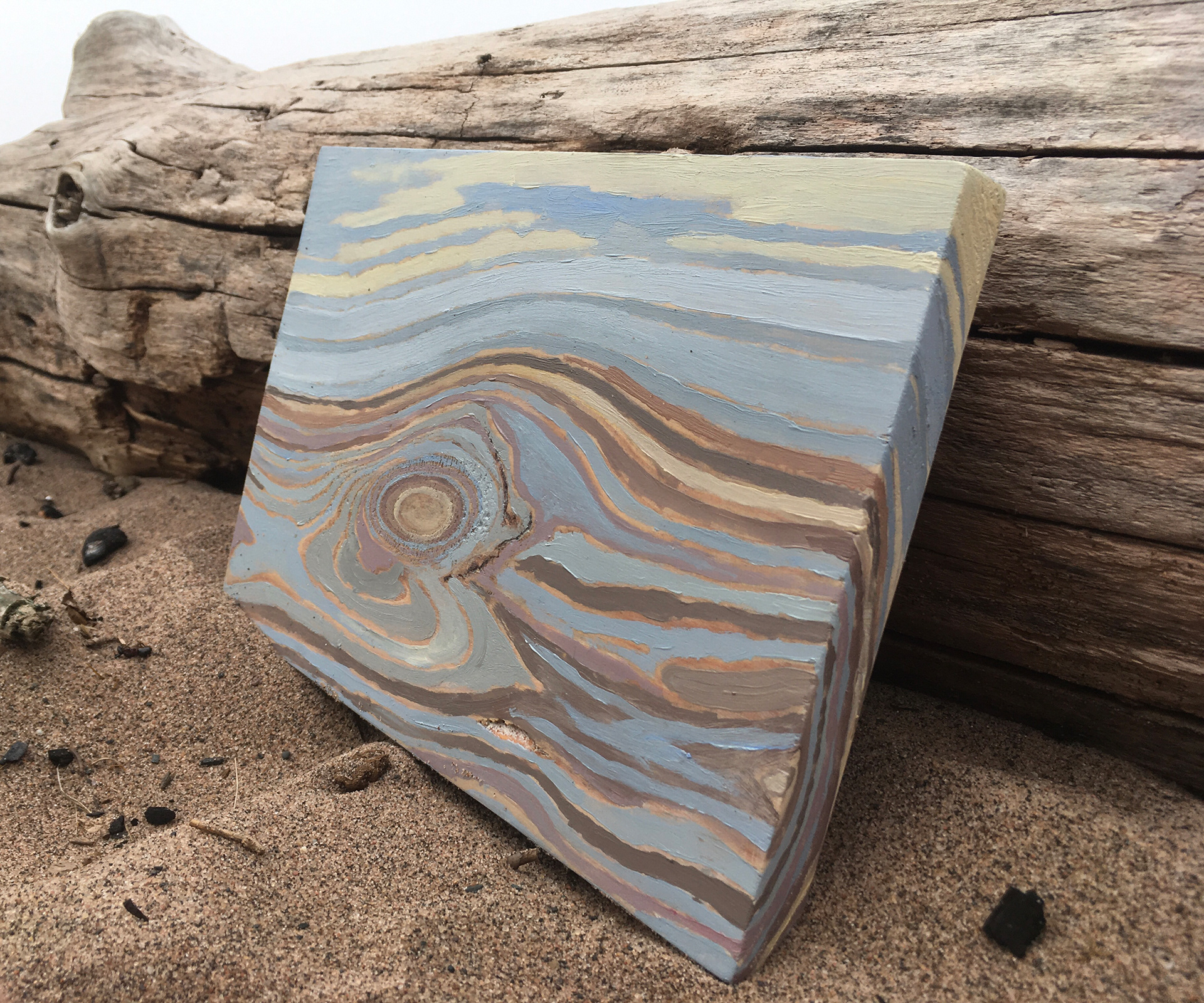Lake Superior, Wisconsin Point. Plein air painting on woodblock. At Lake Superior- inspired by the colors of the water & sky, the lines in the wood, and the beauty of agate. The water was red with churned up clay that day.