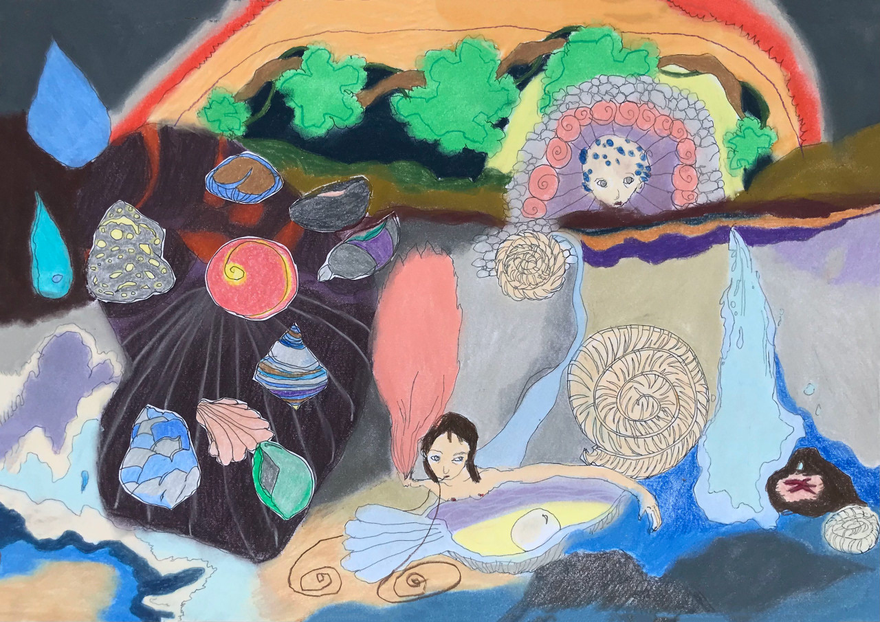 Coquillages, collage, pastels secs et mine graphite, 42 x 29,7 cm