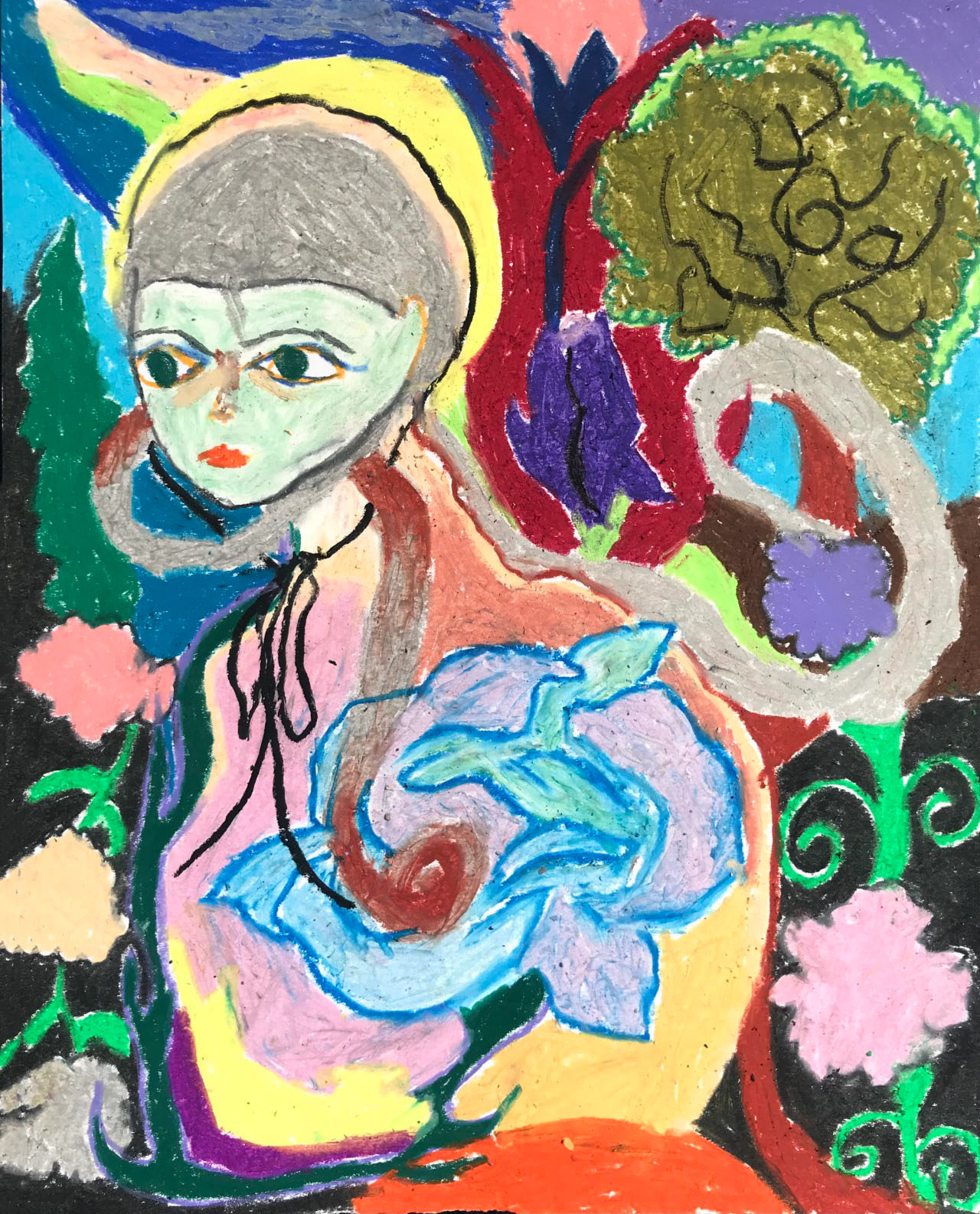 Coeur-fleur, pastels gras, 25 x 30 cm